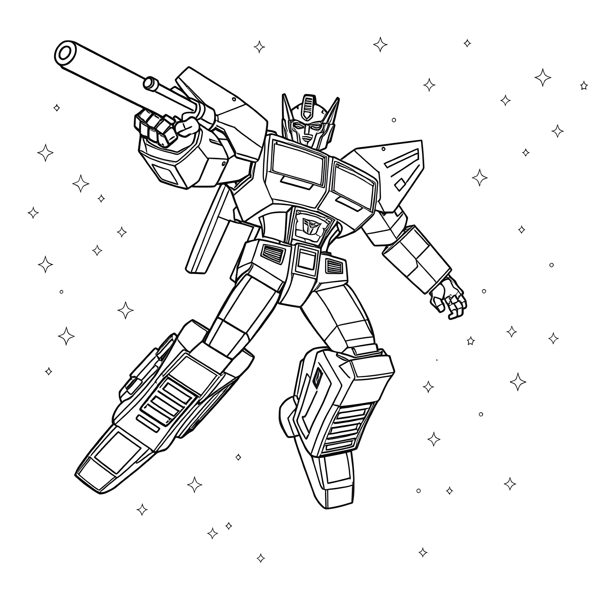 Transformer mecha warrior in action pose Coloring Page (free black-and-white line drawing printable PDF for all, from beginners to advanced learners, including children, teens, adults, and seniors)