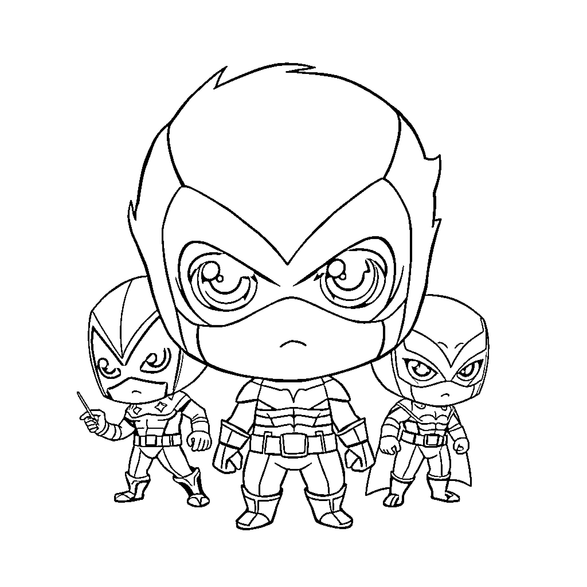 X-Men Superheroes Assembled in Action Poses Coloring Page (free black-and-white line drawing printable PDF for all, from beginners to advanced learners, including children, teens, adults, and seniors)