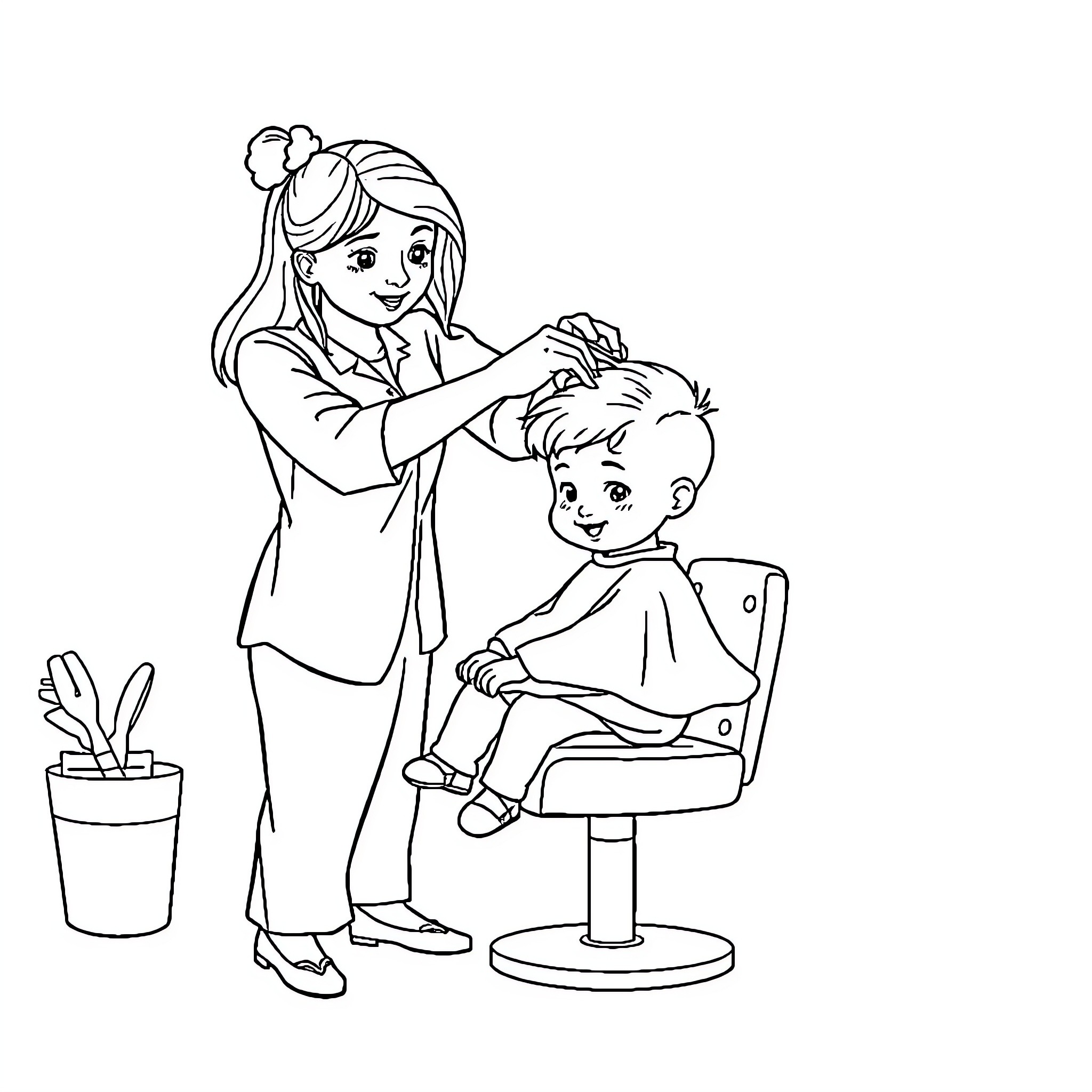 Hairdresser assisting young client in salon Coloring Page (free black-and-white line drawing printable PDF for all, from beginners to advanced learners, including children, teens, adults, and seniors)