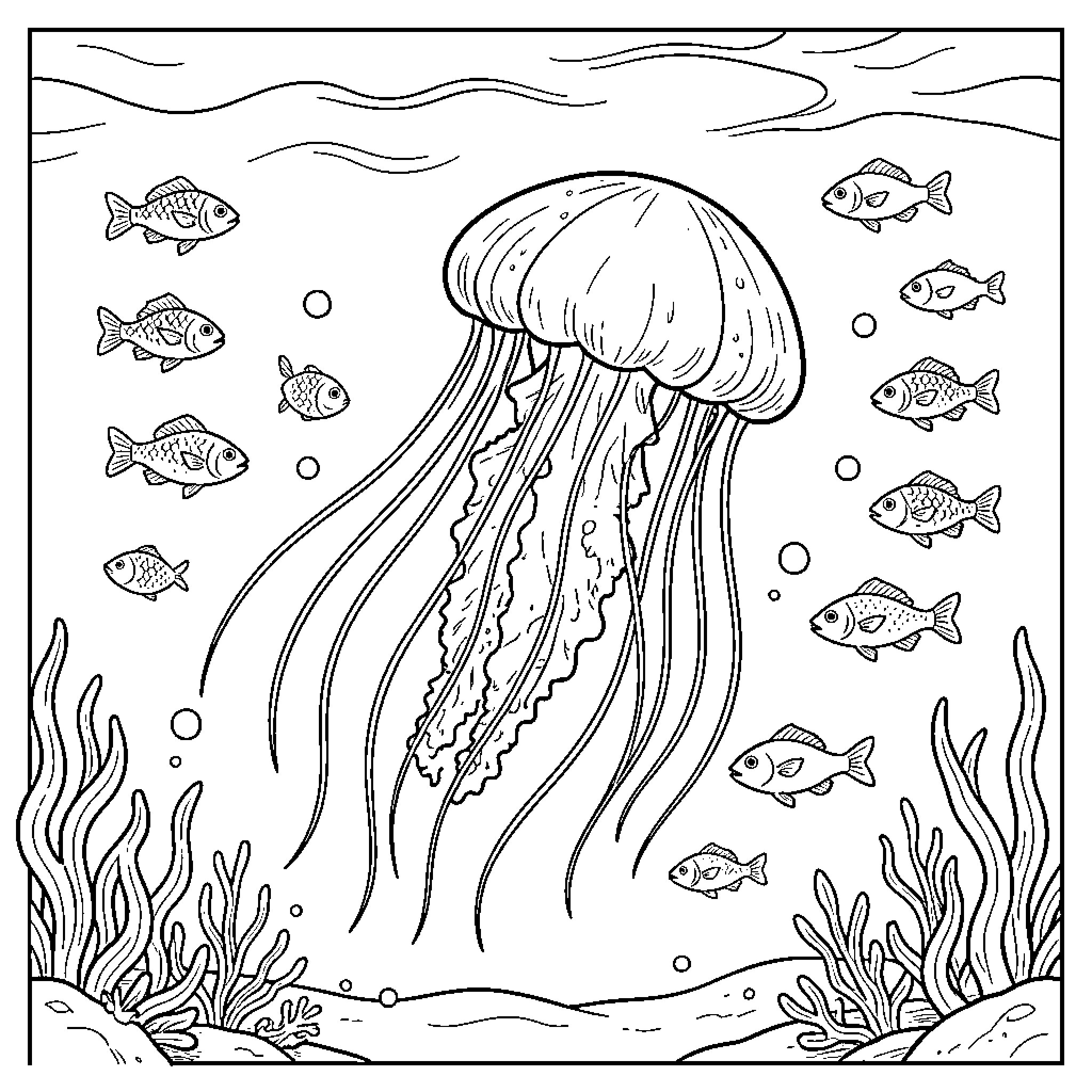 Jellyfish swimming among many small fish underwater Coloring Page (free black-and-white line drawing printable PDF for all, from beginners to advanced learners, including children, teens, adults, and seniors)