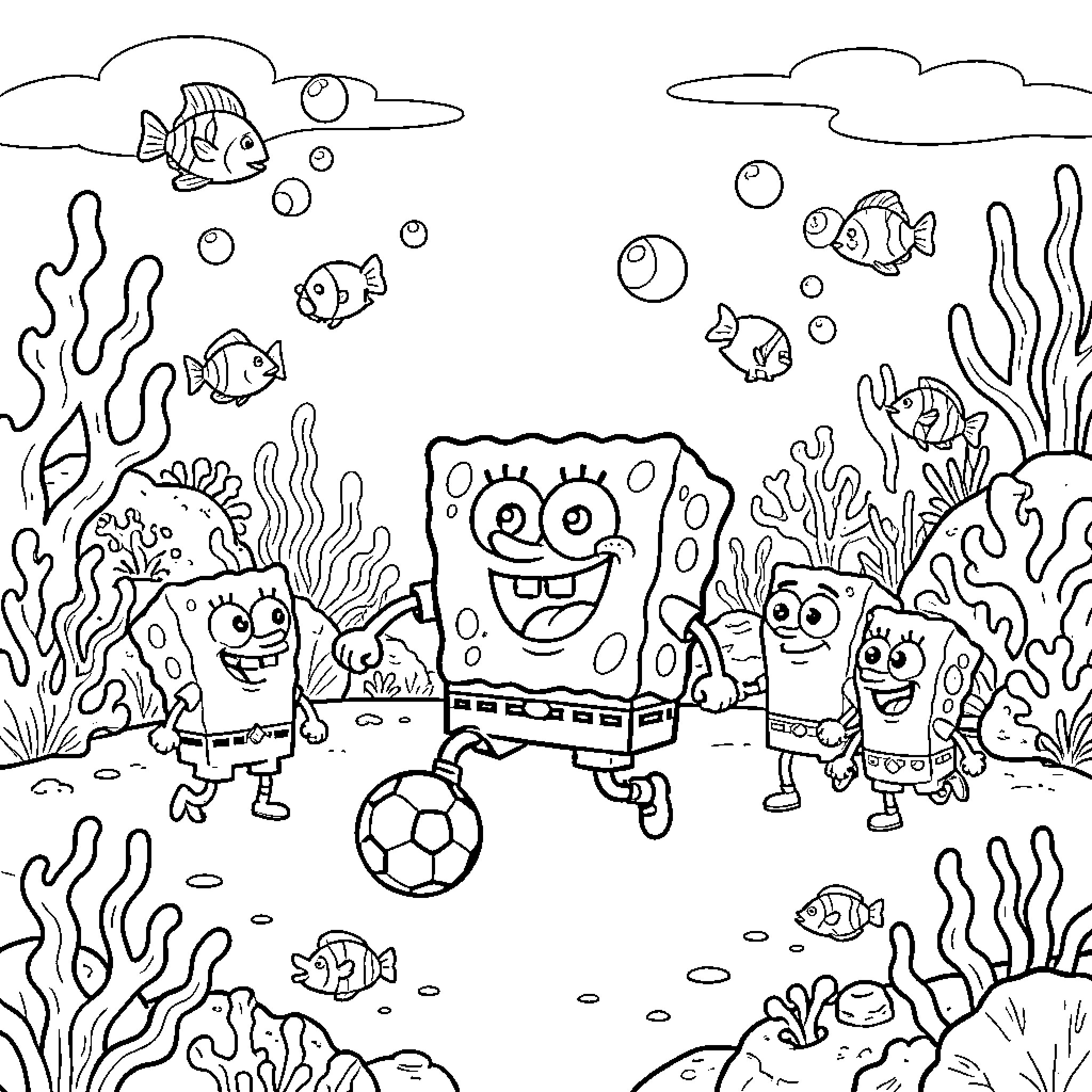 سبونج بوب يلعب كرة القدم مع أصدقائه تحت البحر Coloring Page (free black-and-white line drawing printable PDF for all, from beginners to advanced learners, including children, teens, adults, and seniors)