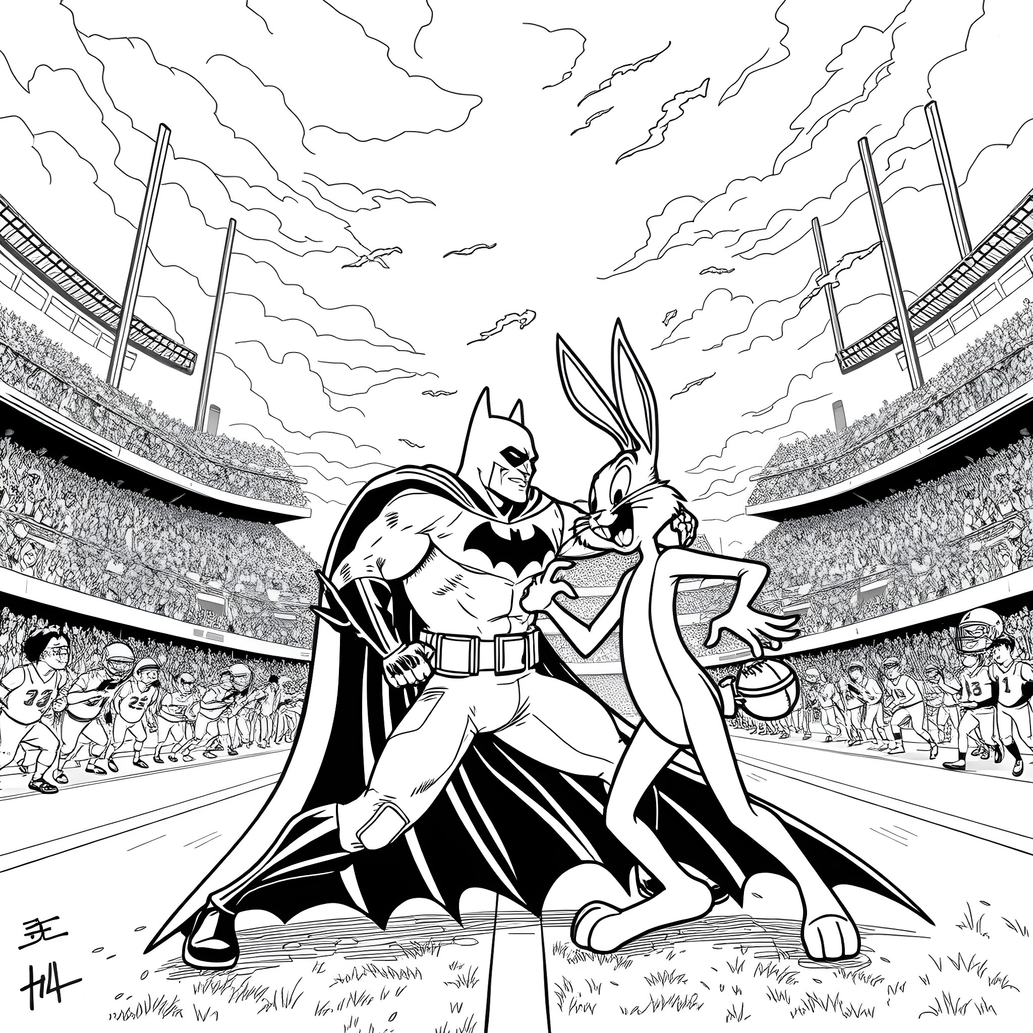 Batman and Bugs Bunny engage in a heroic showdown Coloring Page (free black-and-white line drawing printable PDF for all, from beginners to advanced learners, including children, teens, adults, and seniors)