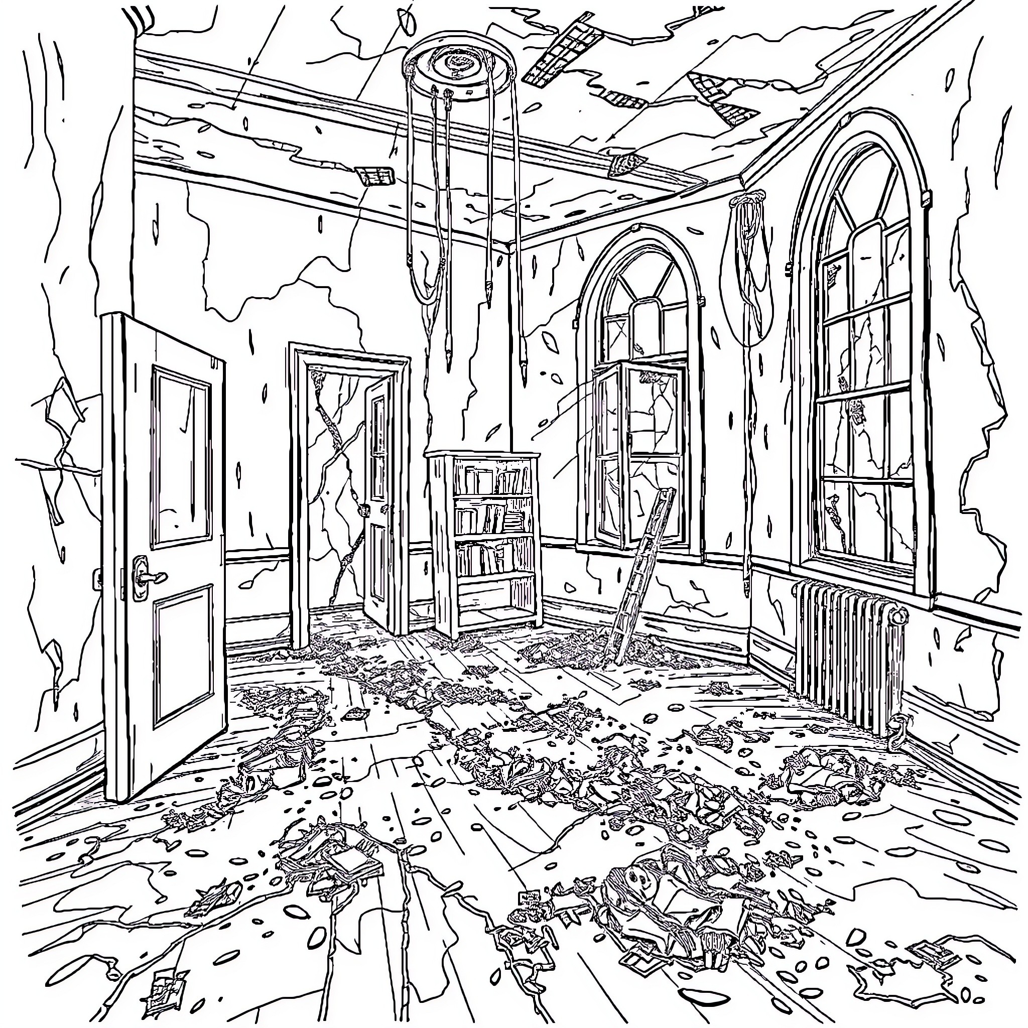 Room of destruction and chaos Coloring Page (free black-and-white line drawing printable PDF for all, from beginners to advanced learners, including children, teens, adults, and seniors)