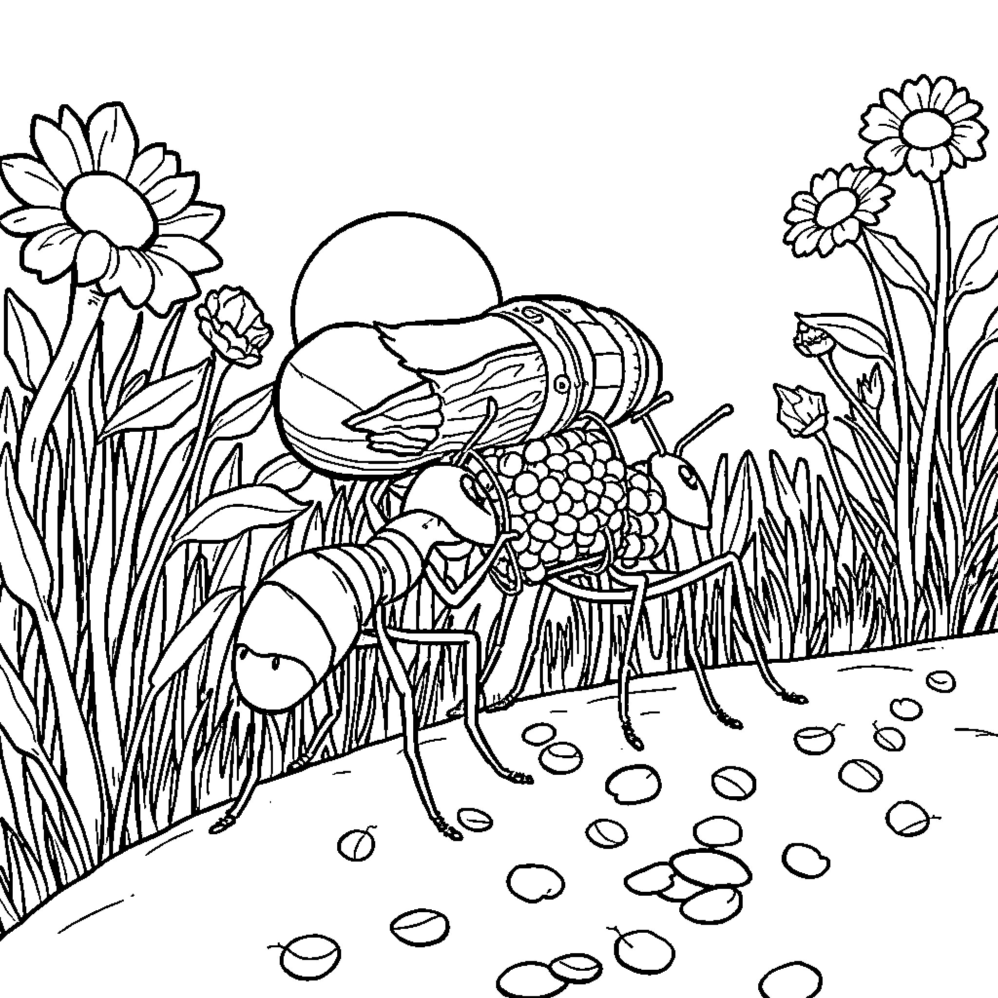 Ant with picnic basket exploring garden flowers Coloring Page (free black-and-white line drawing printable PDF for all, from beginners to advanced learners, including children, teens, adults, and seniors)