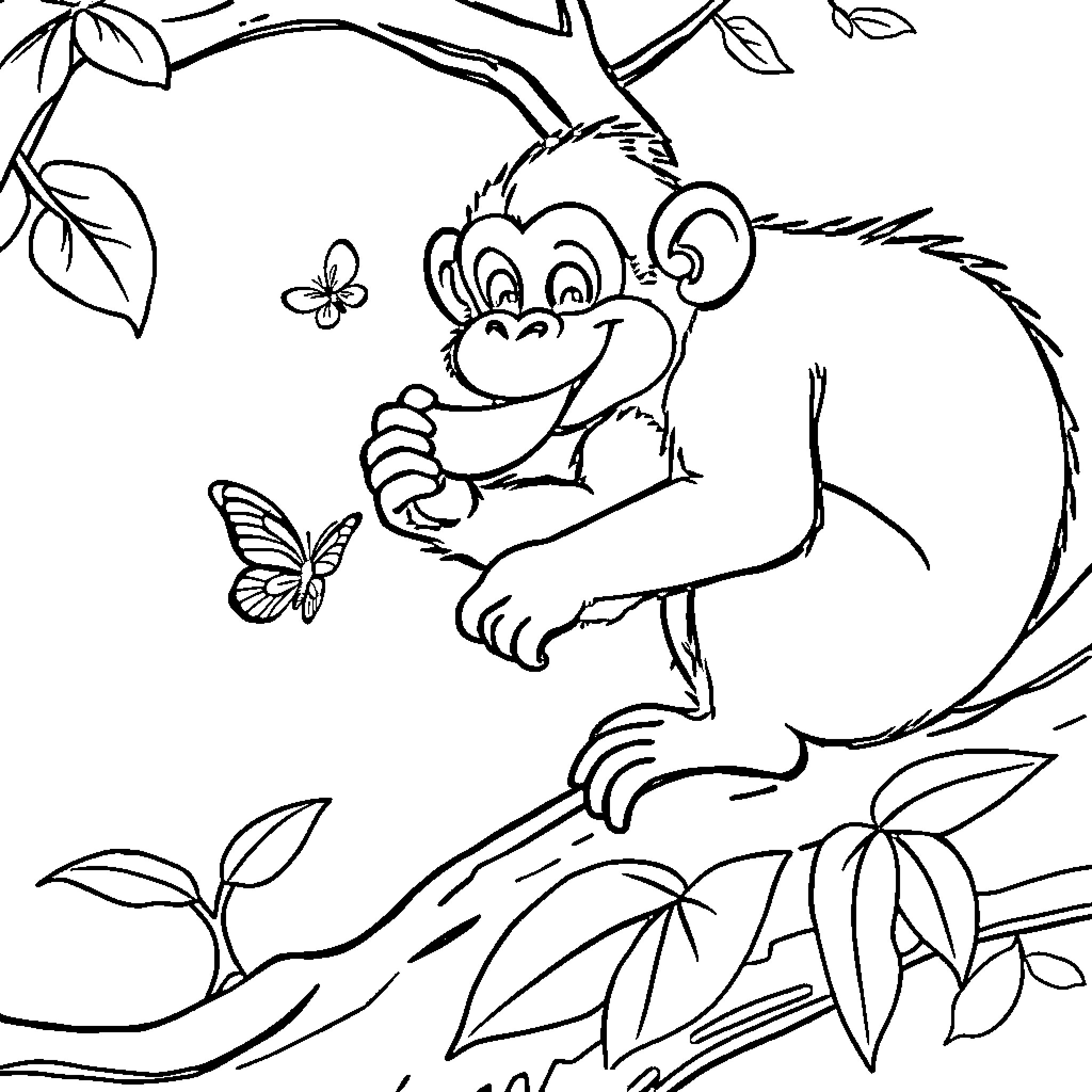 Monkey playing with butterflies in the jungle Coloring Page (free black-and-white line drawing printable PDF for all, from beginners to advanced learners, including children, teens, adults, and seniors)