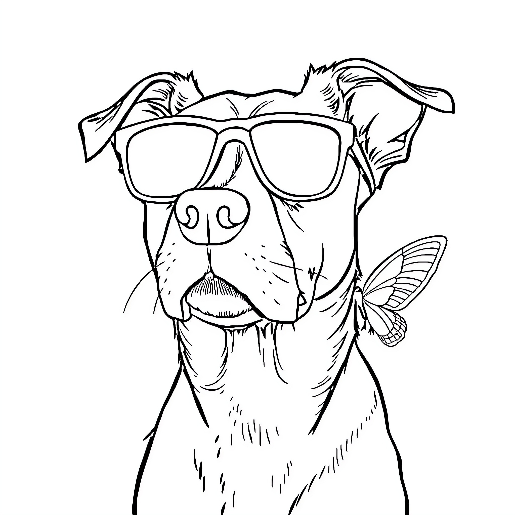 Dog wearing cool sunglasses with butterfly friend Coloring Page (free black-and-white line drawing printable PDF for all, from beginners to advanced learners, including children, teens, adults, and seniors)