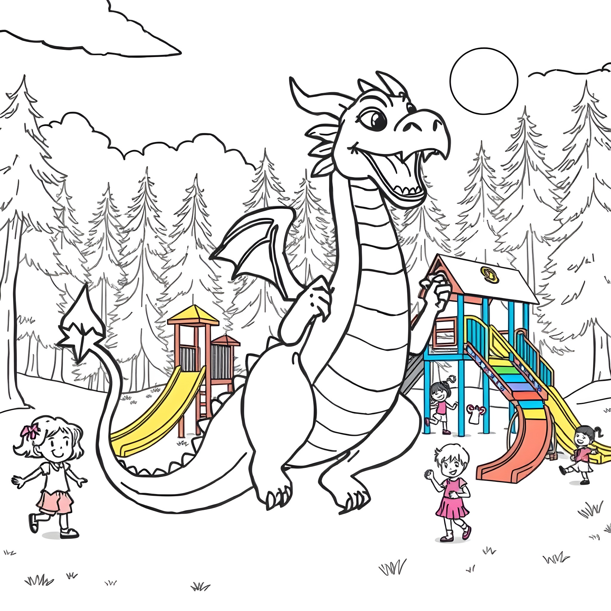 Dragon playing with children on a playground Coloring Page (free black-and-white line drawing printable PDF for all, from beginners to advanced learners, including children, teens, adults, and seniors)