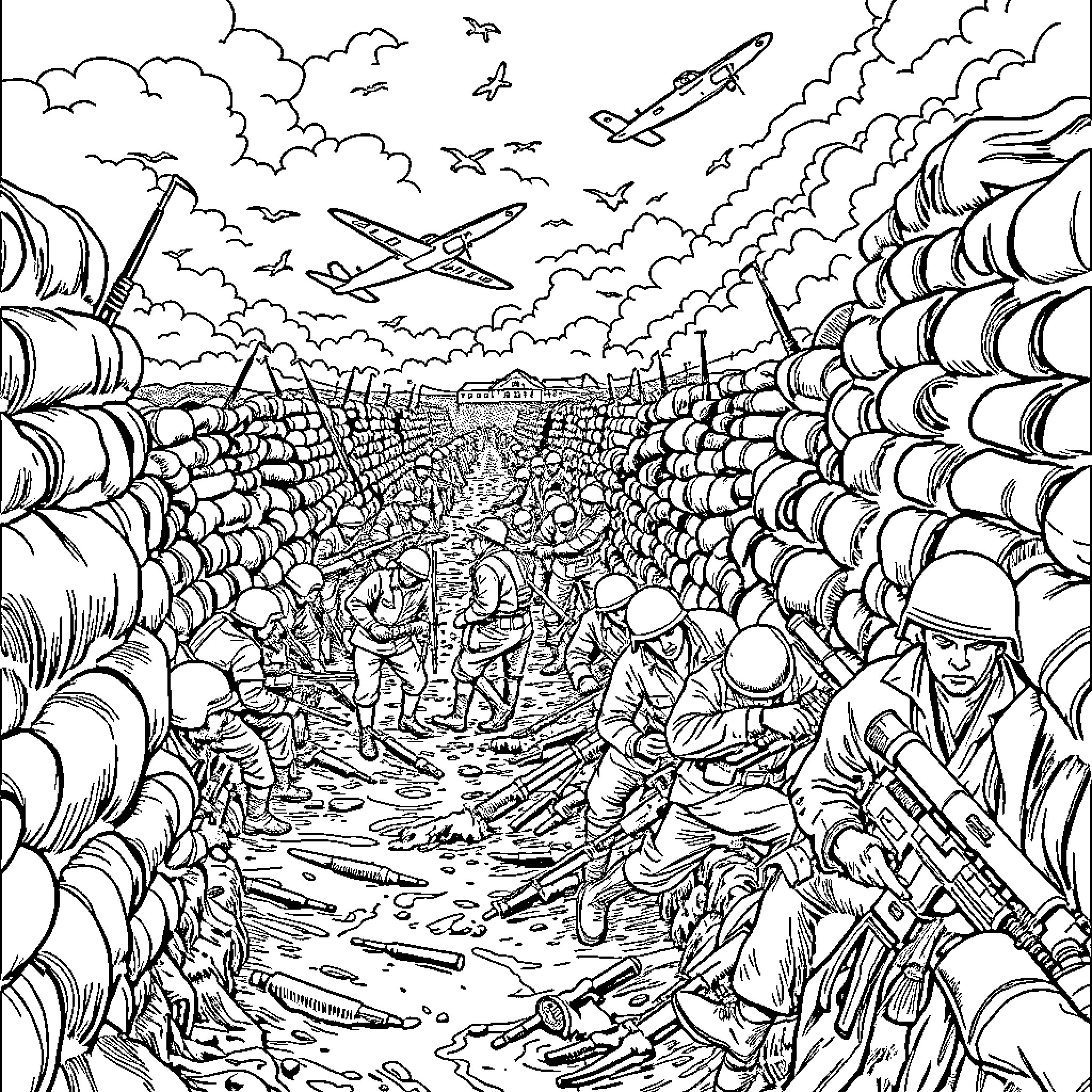 World War 1 Soldiers Engaged in Intense Battle Coloring Page (free black-and-white line drawing printable PDF for all, from beginners to advanced learners, including children, teens, adults, and seniors)