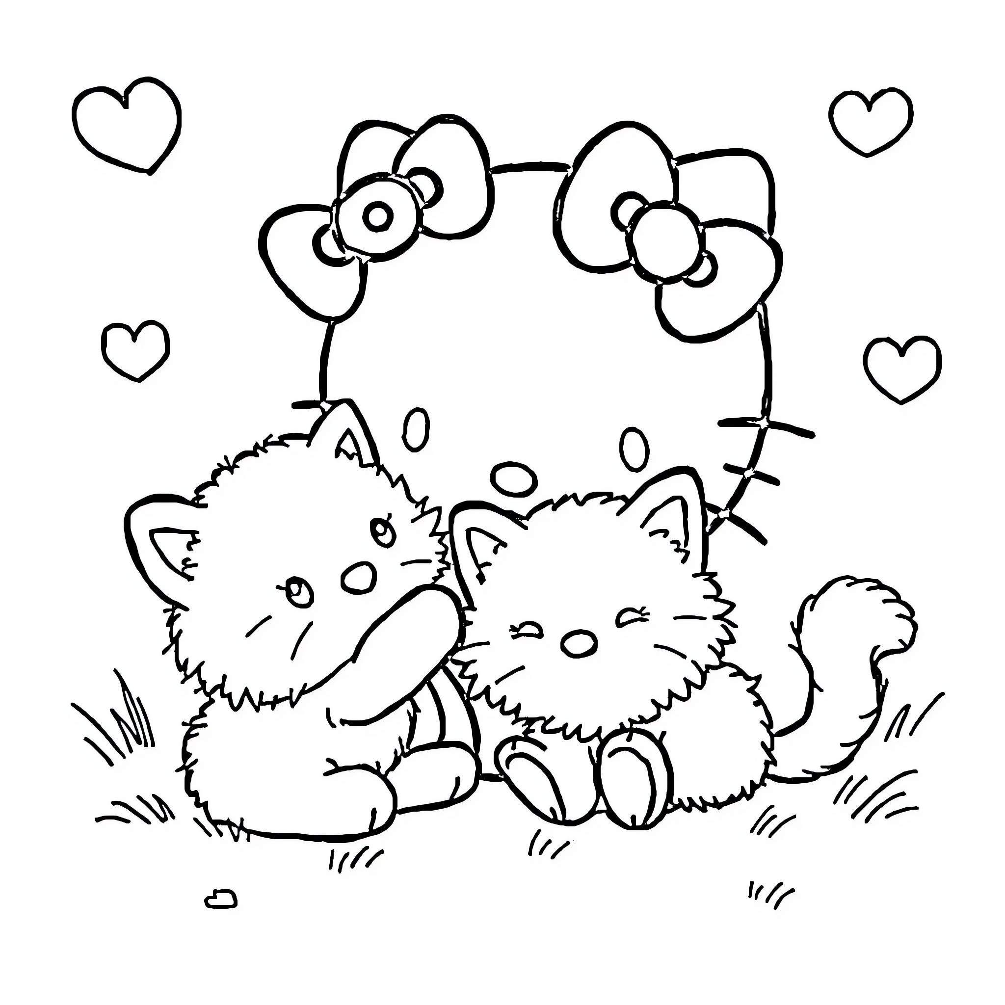 Hello Kitty Kittens Playing Joyfully Coloring Page (free black-and-white line drawing printable PDF for all, from beginners to advanced learners, including children, teens, adults, and seniors)