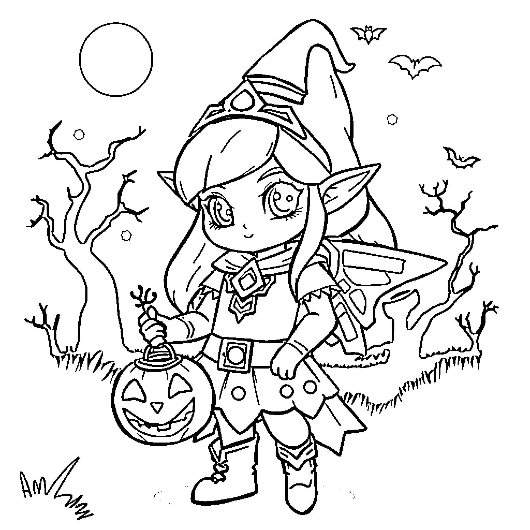 Zelda Trick-or-Treating on a Spooky Night Coloring Page (free black-and-white line drawing printable PDF for all, from beginners to advanced learners, including children, teens, adults, and seniors)