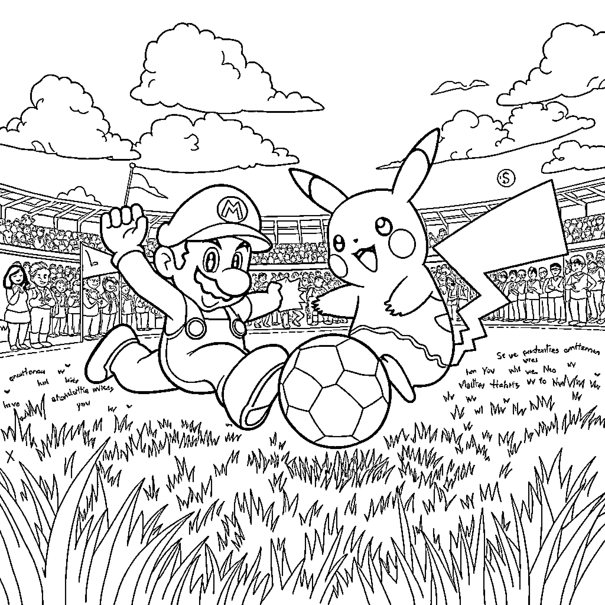 Mario and Pikachu Playing Soccer in Grassy Field Coloring Page (free black-and-white line drawing printable PDF for all, from beginners to advanced learners, including children, teens, adults, and seniors)