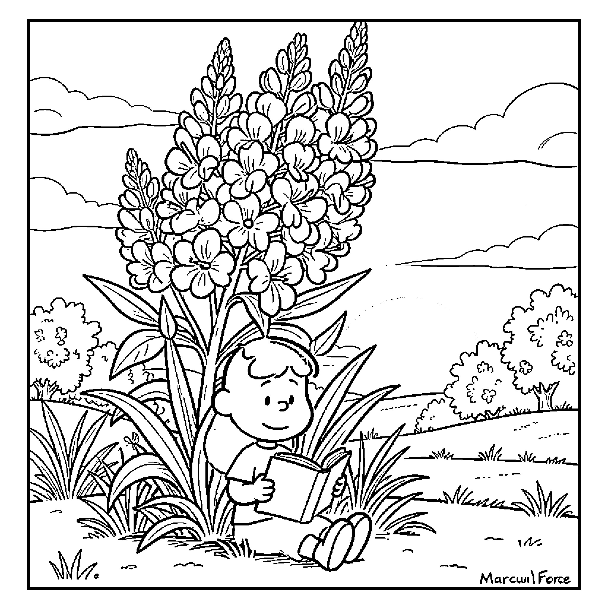 Marcie reading in a field of flowers Coloring Page (free black-and-white line drawing printable PDF for all, from beginners to advanced learners, including children, teens, adults, and seniors)
