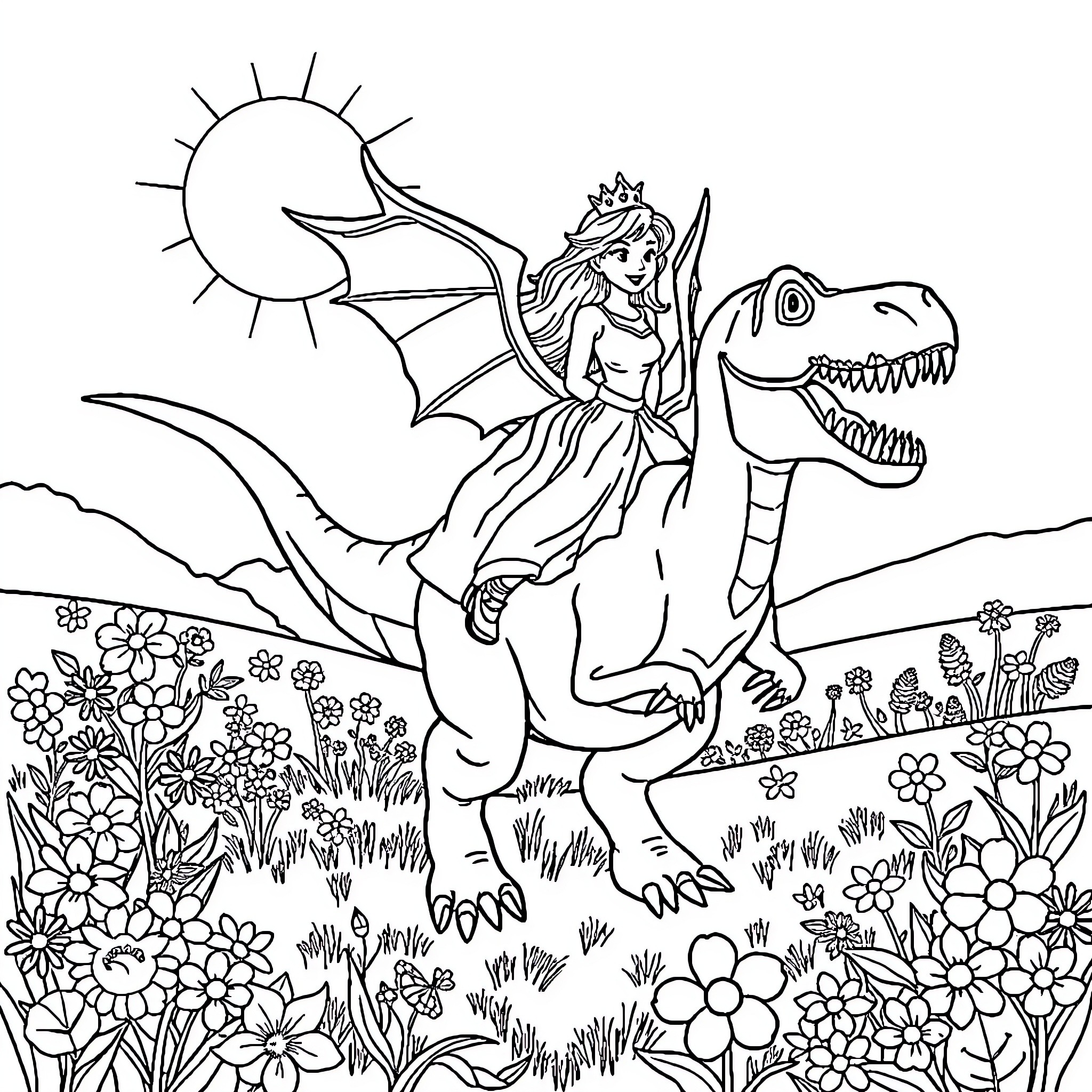 Princess Riding Majestic Dinosaur in Enchanting Landscape Coloring Page (free black-and-white line drawing printable PDF for all, from beginners to advanced learners, including children, teens, adults, and seniors)