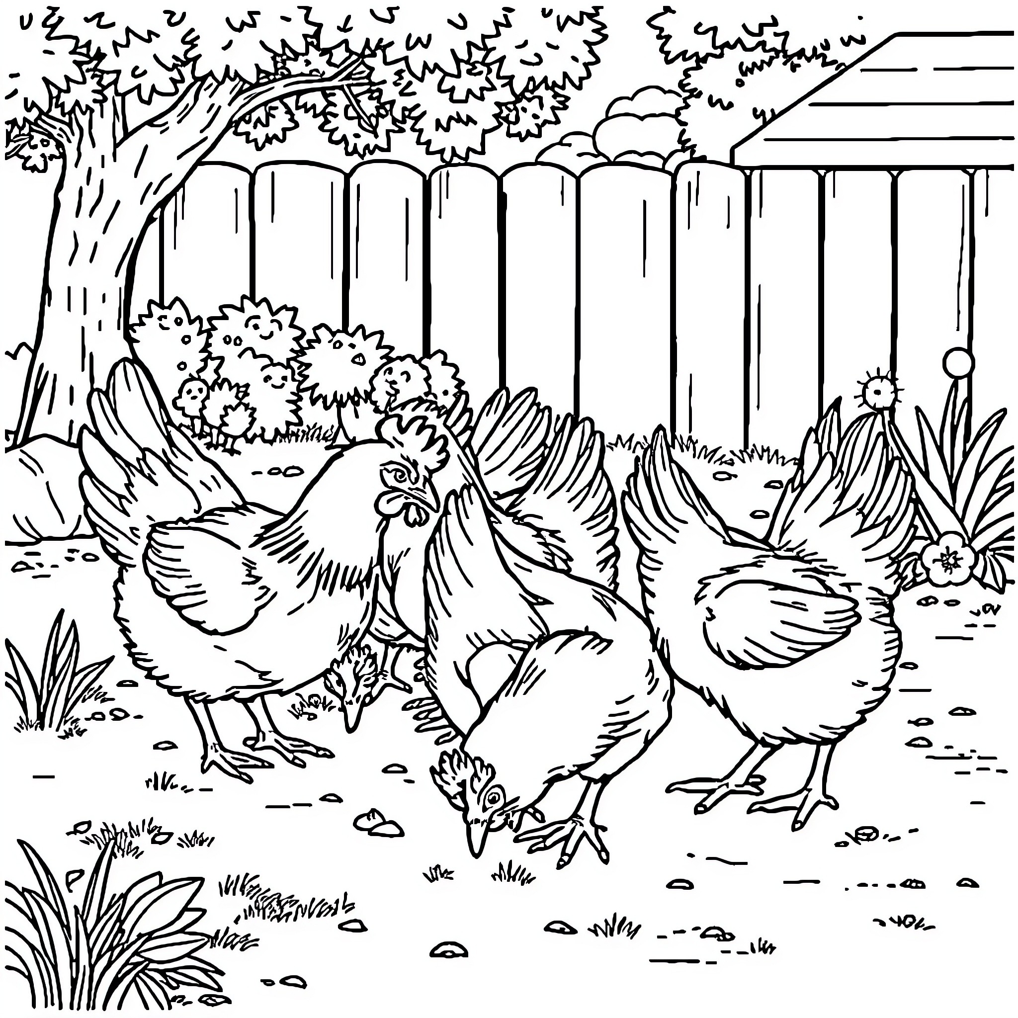 Chicken pecking in a backyard Coloring Page (free black-and-white line drawing printable PDF for all, from beginners to advanced learners, including children, teens, adults, and seniors)