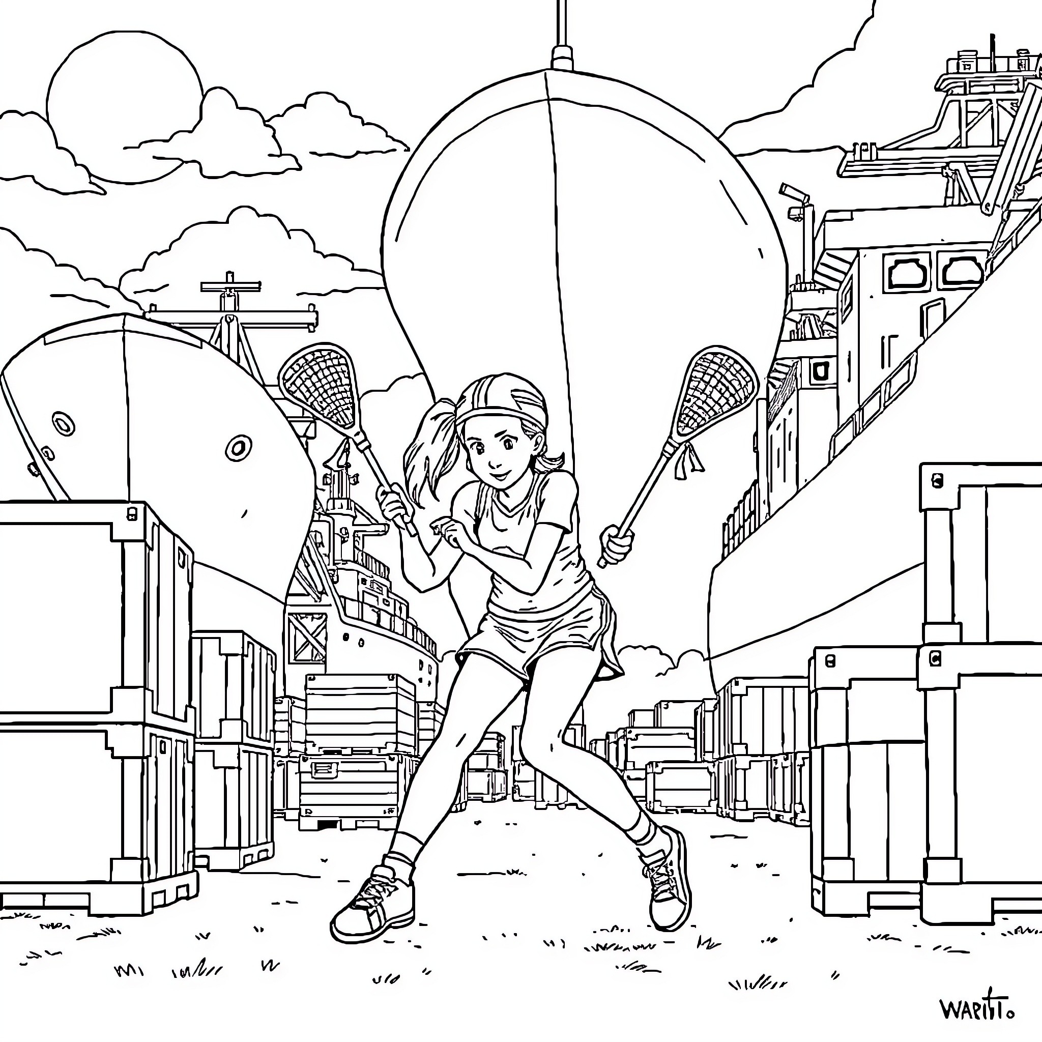 Girl playing tennis in the city Coloring Page (free black-and-white line drawing printable PDF for all, from beginners to advanced learners, including children, teens, adults, and seniors)