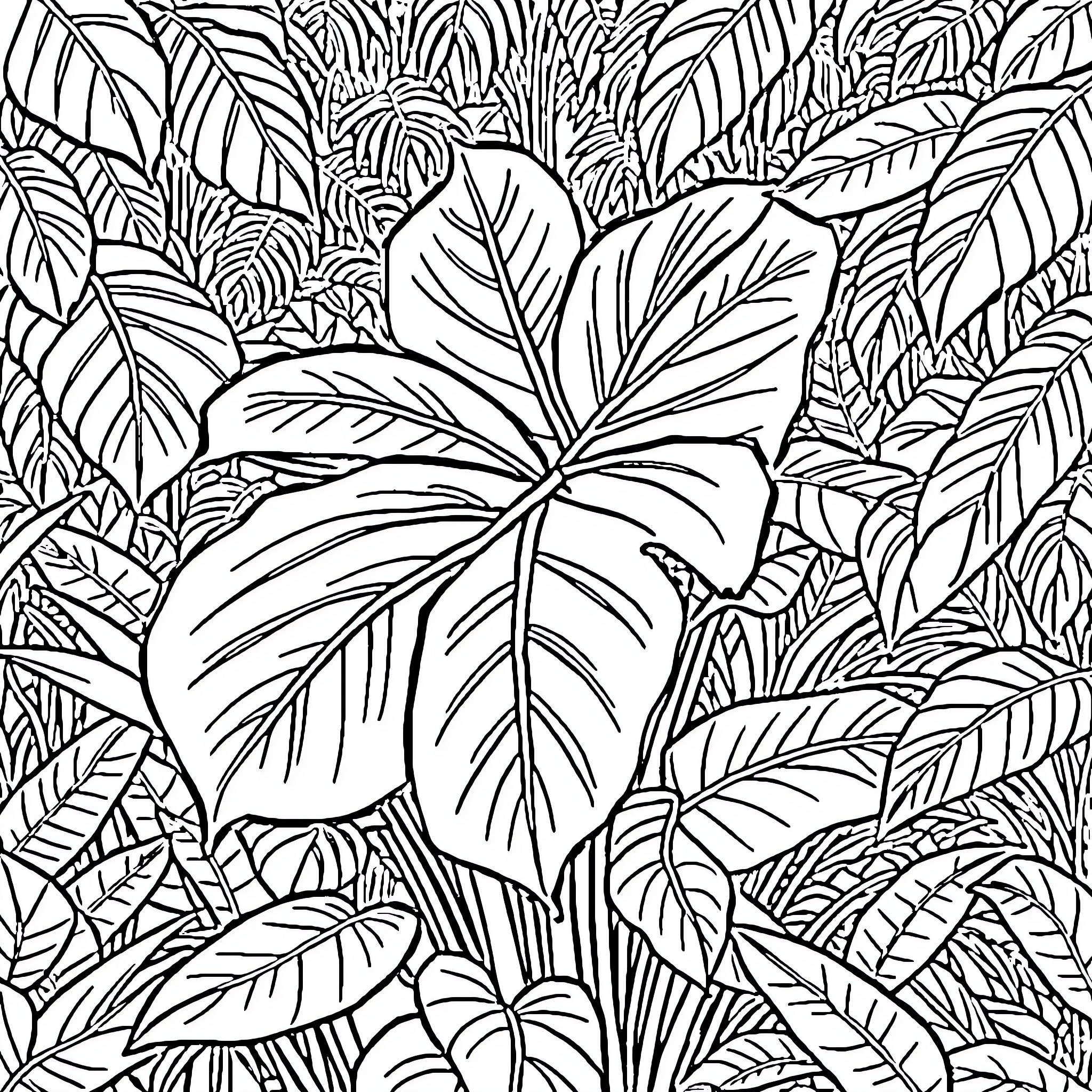Monstera leaves in tropical foliage Coloring Page (free black-and-white line drawing printable PDF for all, from beginners to advanced learners, including children, teens, adults, and seniors)