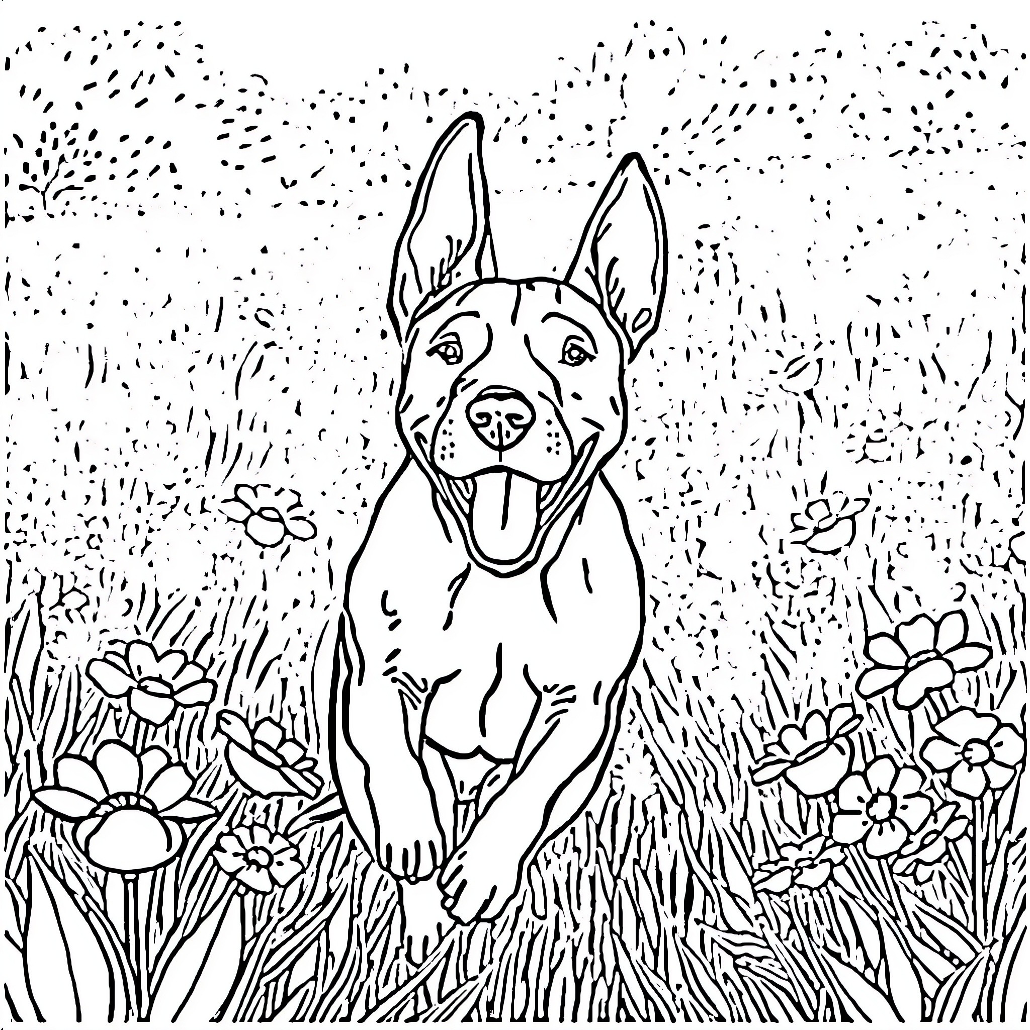 Bull Terrier enjoying a sunny day in the meadow Coloring Page (free black-and-white line drawing printable PDF for all, from beginners to advanced learners, including children, teens, adults, and seniors)