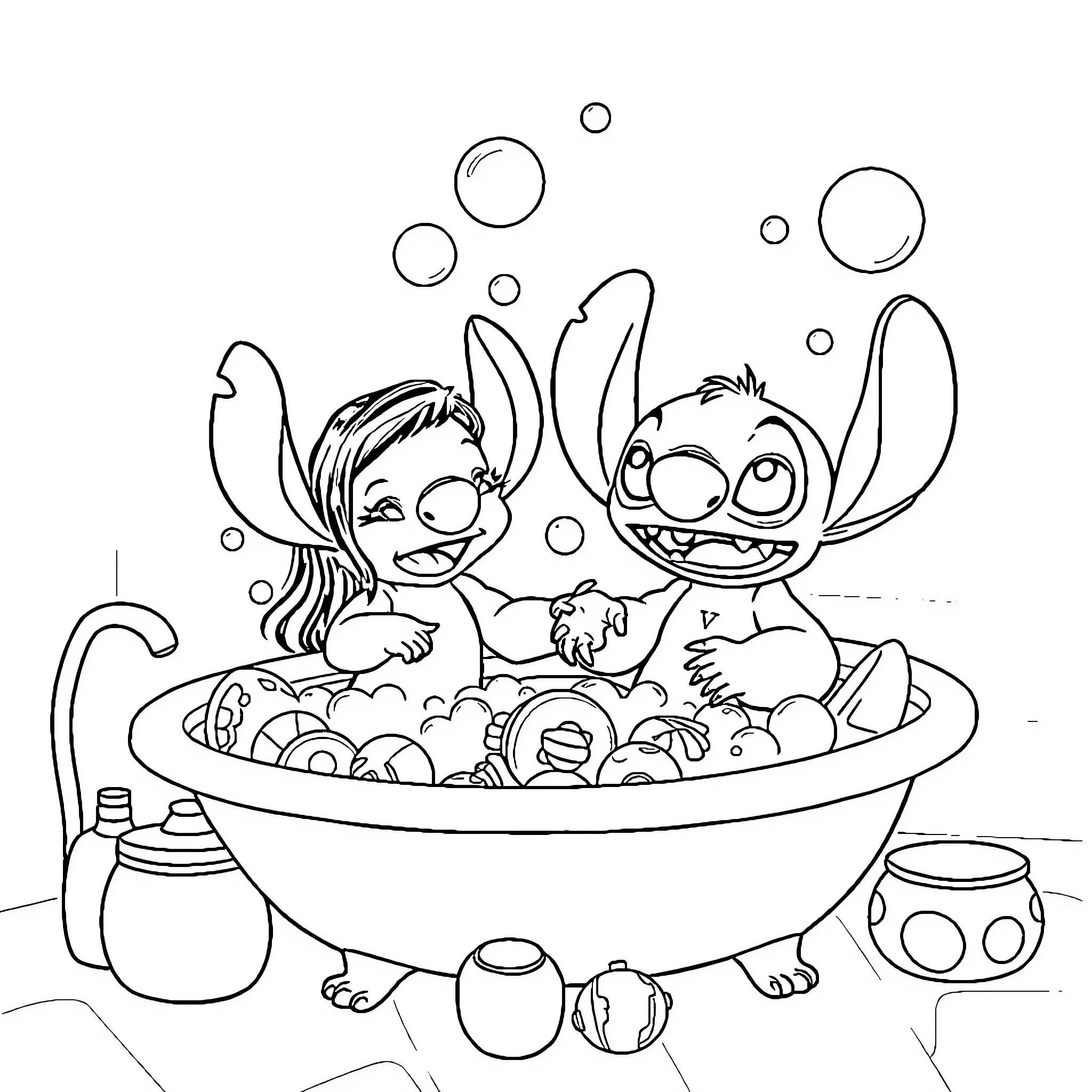 Lilo and Stitch enjoying a bubbly bath time Coloring Page (free black-and-white line drawing printable PDF for all, from beginners to advanced learners, including children, teens, adults, and seniors)
