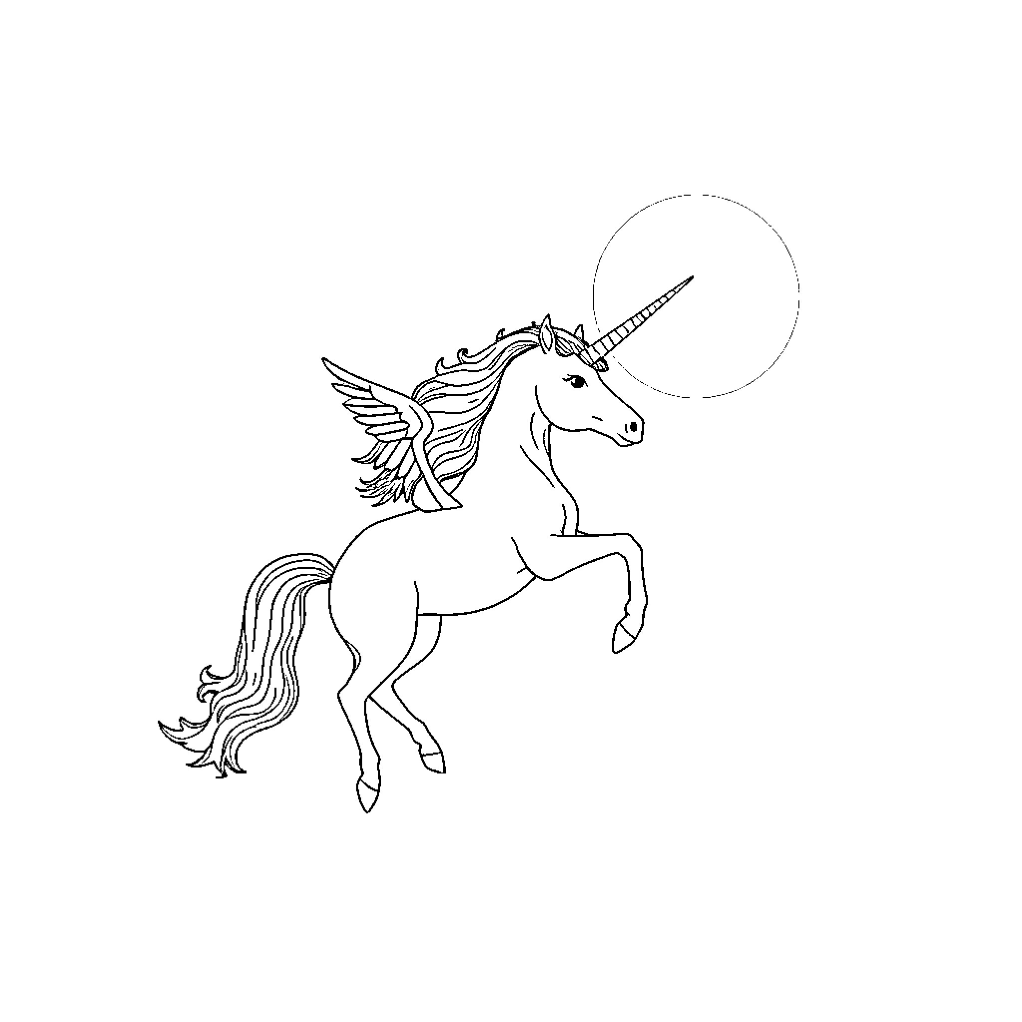 Unicorn soaring with majestic wings and horn Coloring Page (free black-and-white line drawing printable PDF for all, from beginners to advanced learners, including children, teens, adults, and seniors)
