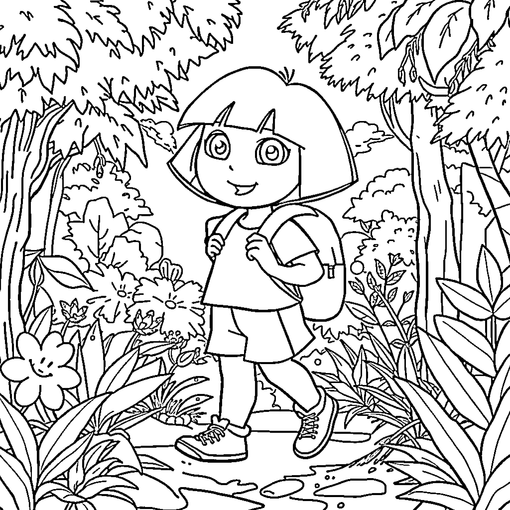 Dora exploring the enchanting forest Coloring Page (free black-and-white line drawing printable PDF for all, from beginners to advanced learners, including children, teens, adults, and seniors)
