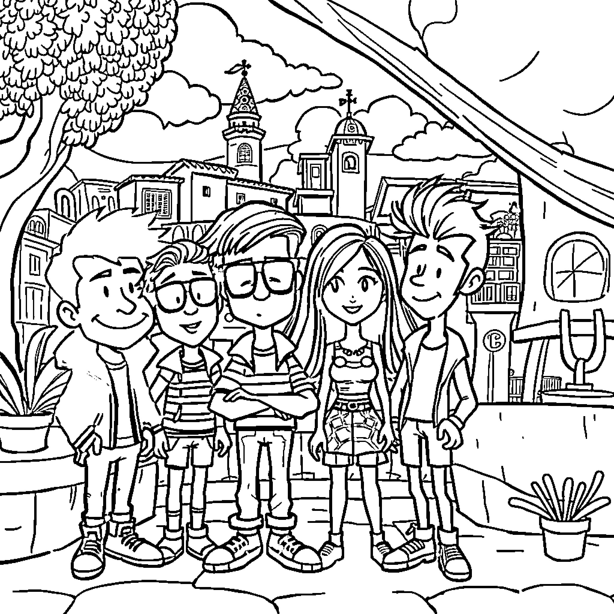 Loud House Family Enjoying Outdoor Adventure Coloring Page (free black-and-white line drawing printable PDF for all, from beginners to advanced learners, including children, teens, adults, and seniors)