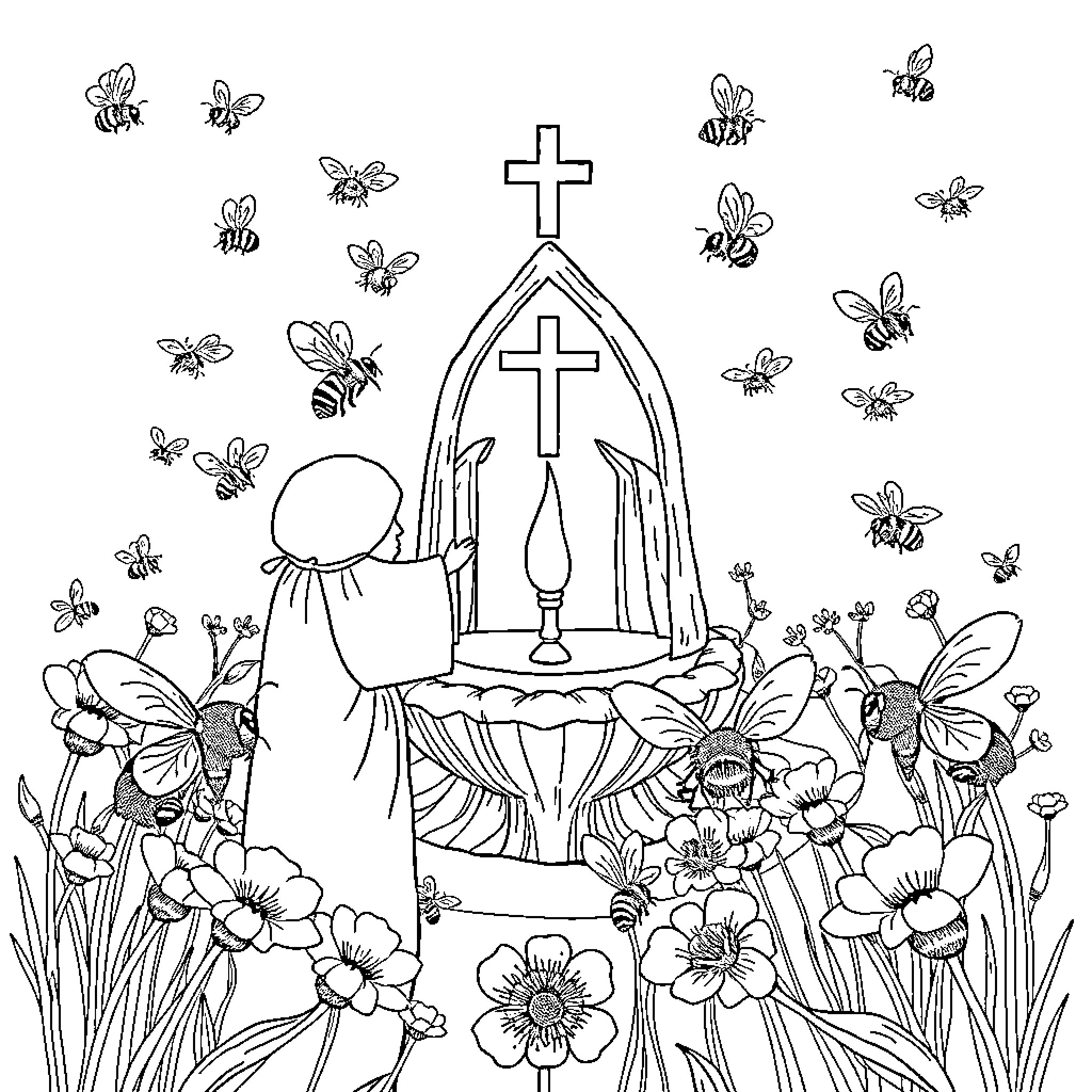 Bee worshipping at the church in floral meadow Coloring Page (free black-and-white line drawing printable PDF for all, from beginners to advanced learners, including children, teens, adults, and seniors)