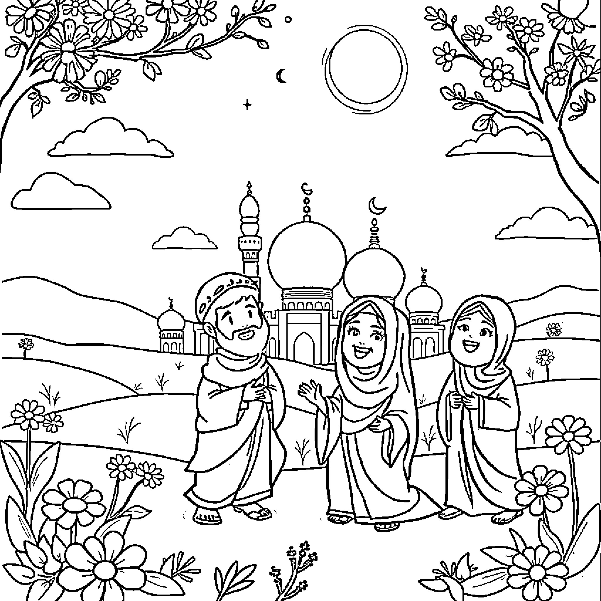 Islamic Cartoon of a Family Strolling in a Floral Garden Coloring Page (free black-and-white line drawing printable PDF for all, from beginners to advanced learners, including children, teens, adults, and seniors)