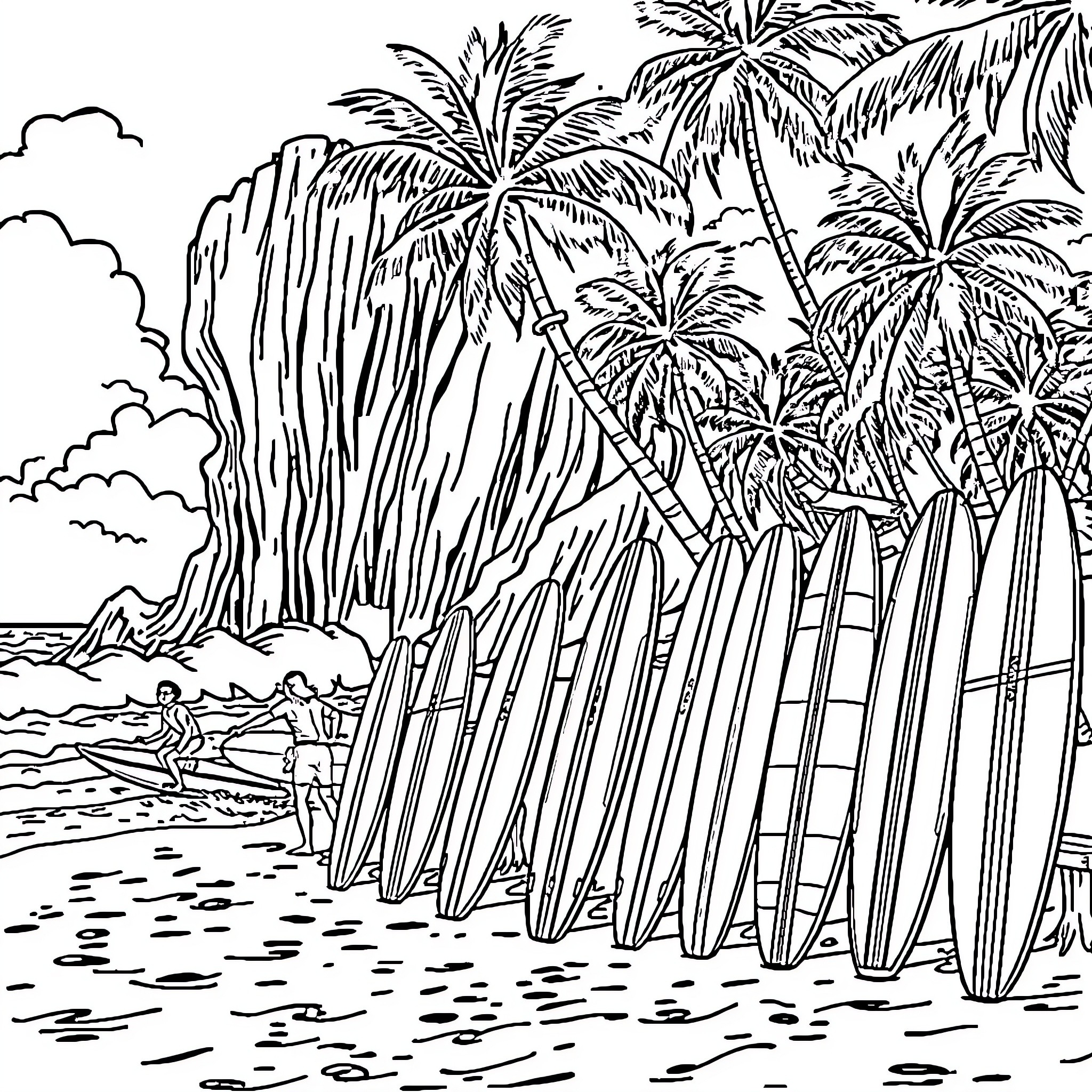 Surfer's Tropical Paradise: Waves, Palms, and Surfboards Coloring Page (free black-and-white line drawing printable PDF for all, from beginners to advanced learners, including children, teens, adults, and seniors)