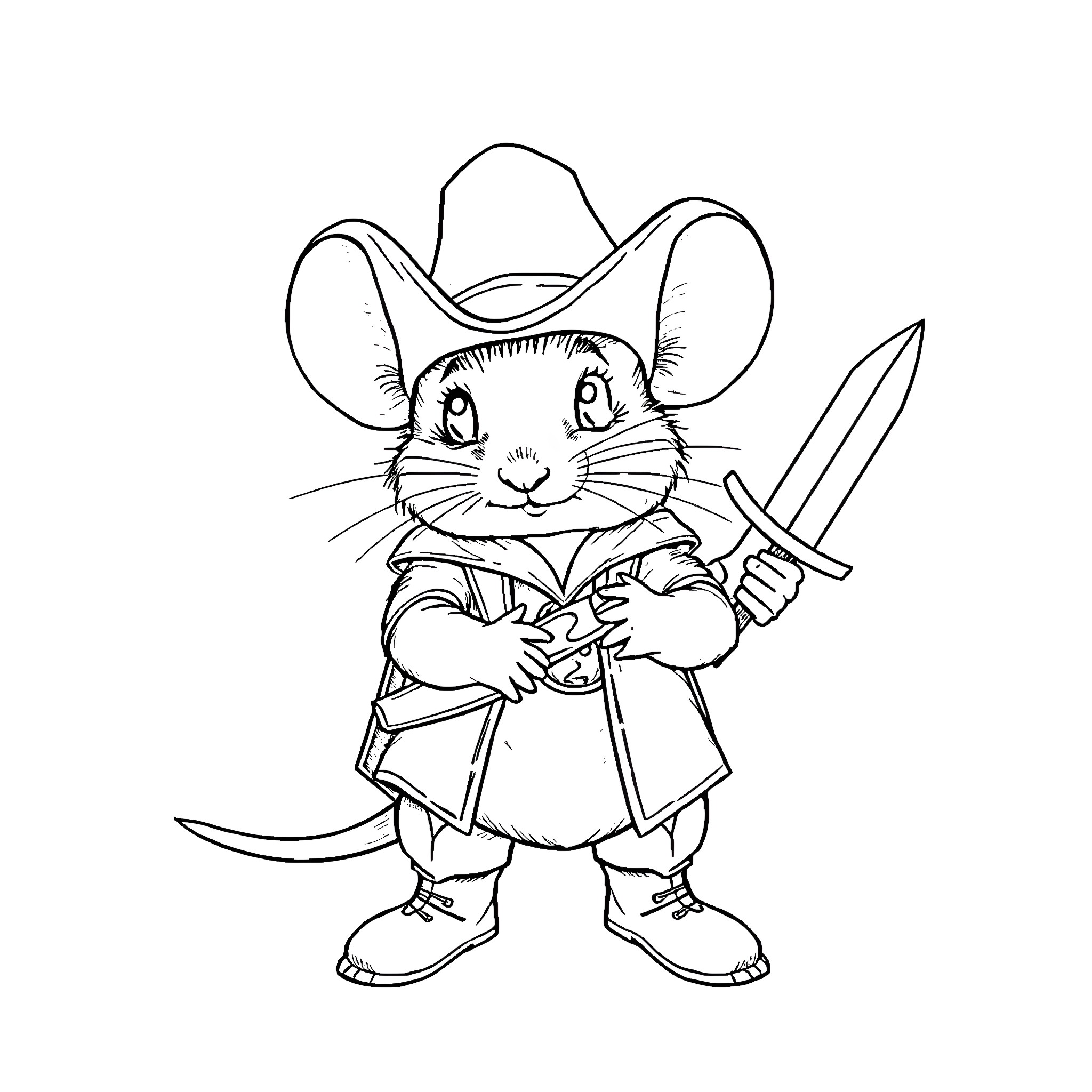 Mouse Adventurer Wielding Sword in Cowboy Attire Coloring Page (free black-and-white line drawing printable PDF for all, from beginners to advanced learners, including children, teens, adults, and seniors)