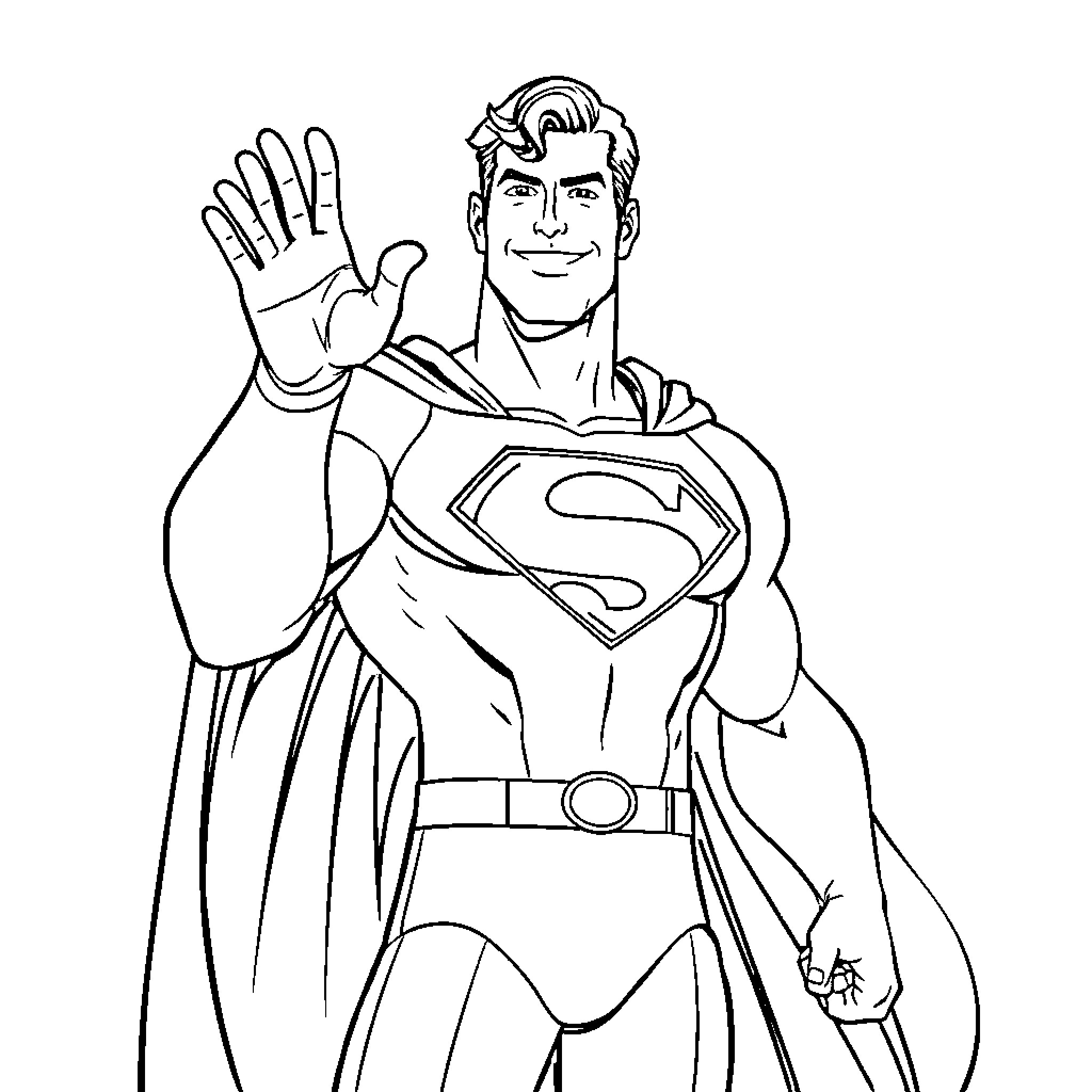 Superman waving in heroic pose Coloring Page (free black-and-white line drawing printable PDF for all, from beginners to advanced learners, including children, teens, adults, and seniors)