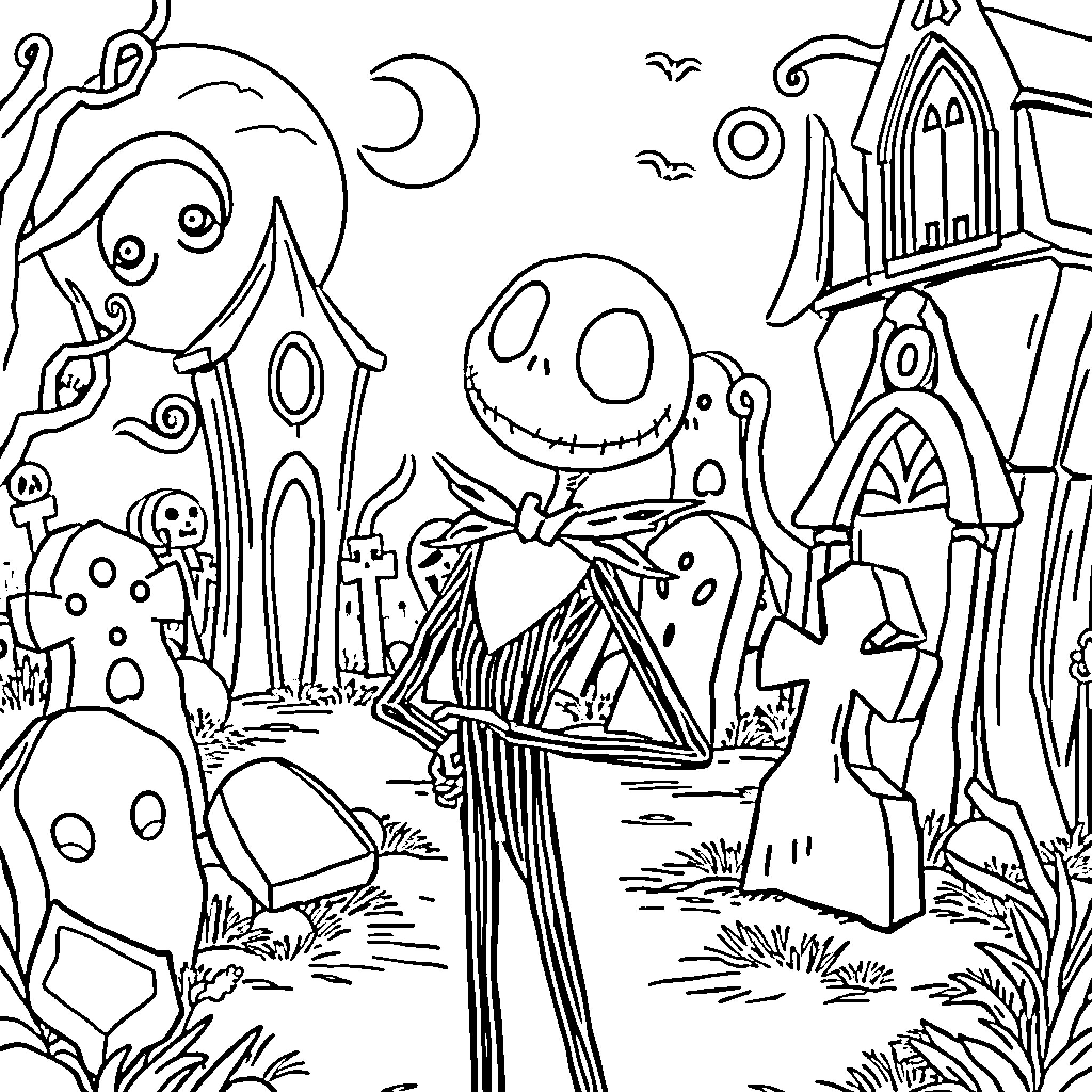 Jack Skellington in the enchanting town of Halloween Coloring Page (free black-and-white line drawing printable PDF for all, from beginners to advanced learners, including children, teens, adults, and seniors)