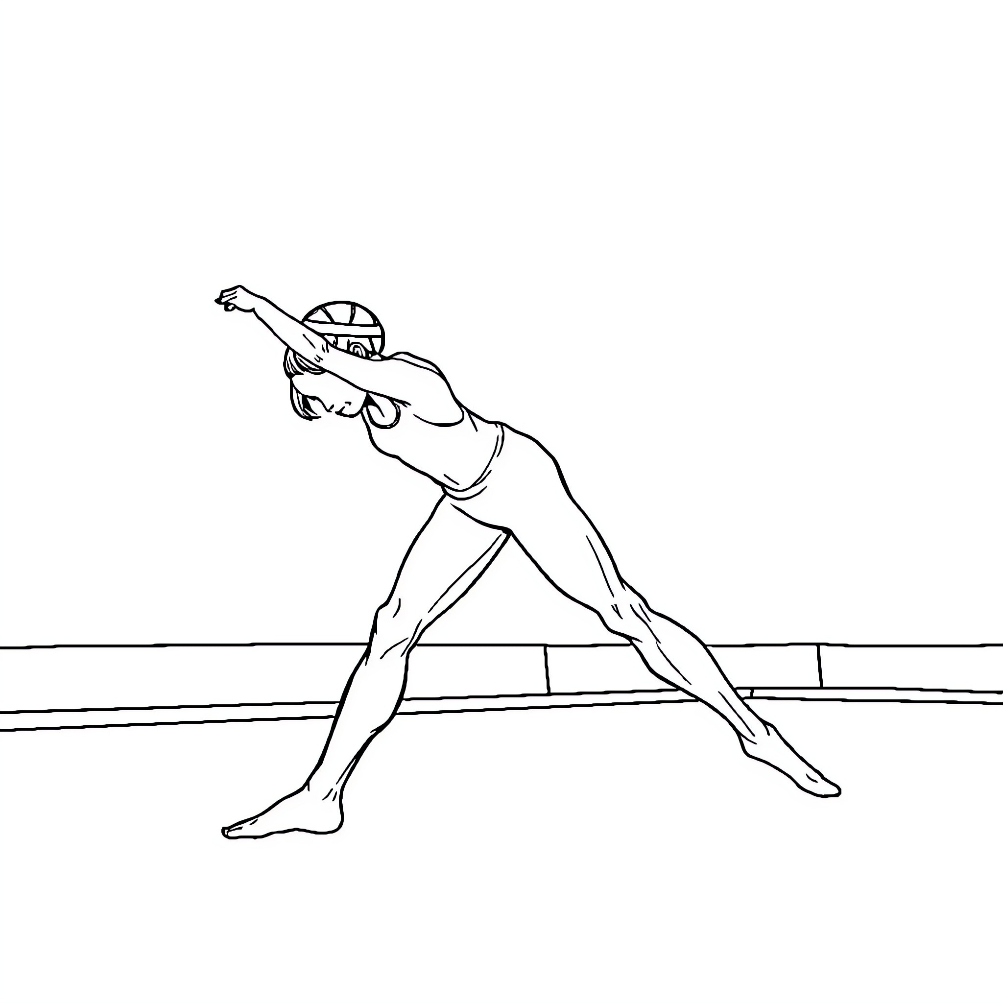 Gymnast performing dynamic pose on balance beam Coloring Page (free black-and-white line drawing printable PDF for all, from beginners to advanced learners, including children, teens, adults, and seniors)