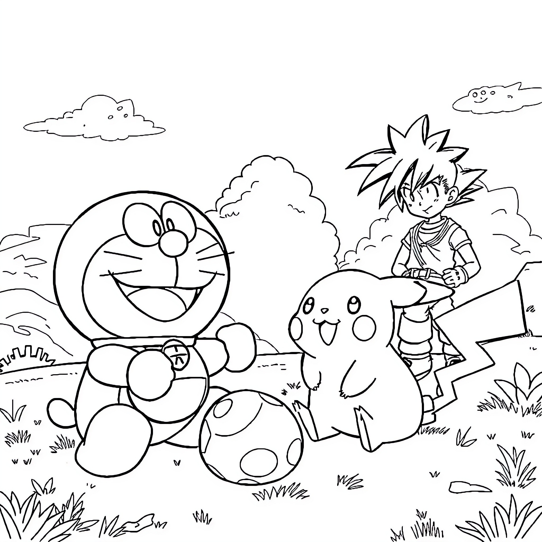 Doraemon and friends playing in the countryside Coloring Page (free black-and-white line drawing printable PDF for all, from beginners to advanced learners, including children, teens, adults, and seniors)