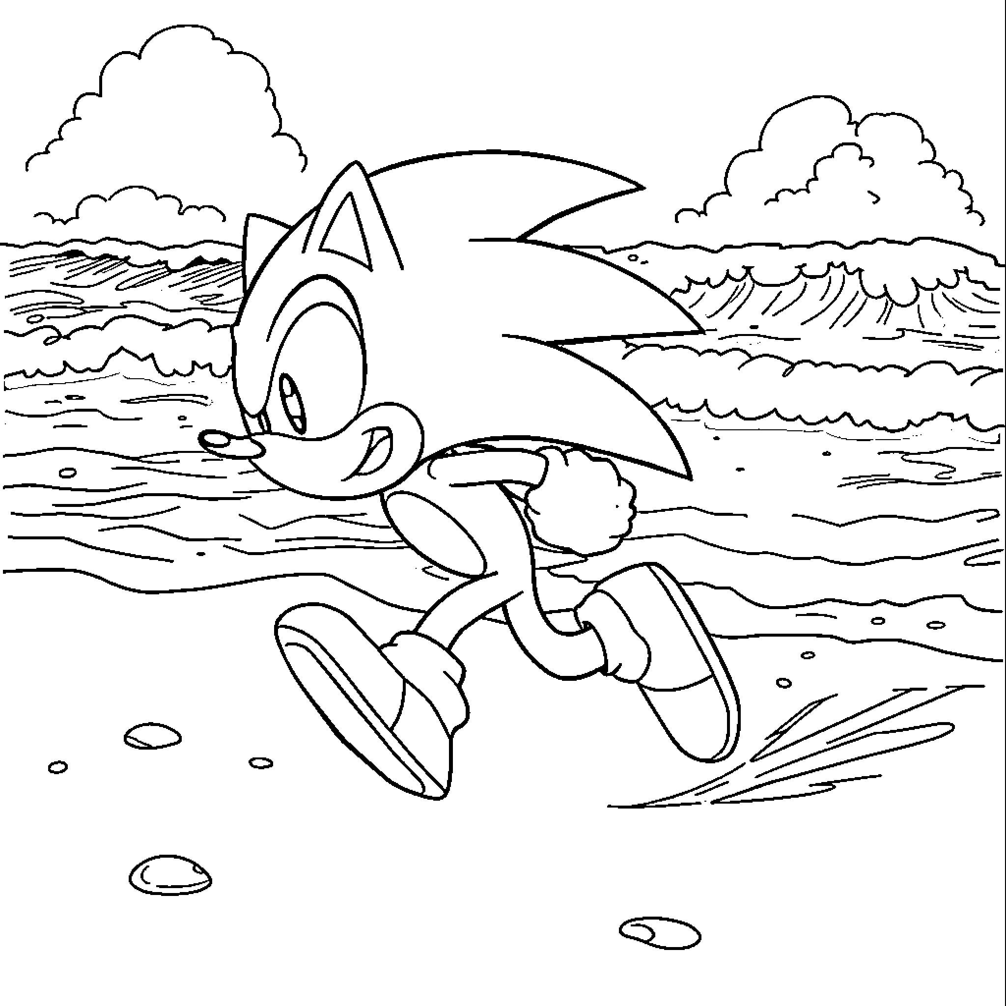 Sonic running swiftly through the coastal landscape Coloring Page (free black-and-white line drawing printable PDF for all, from beginners to advanced learners, including children, teens, adults, and seniors)