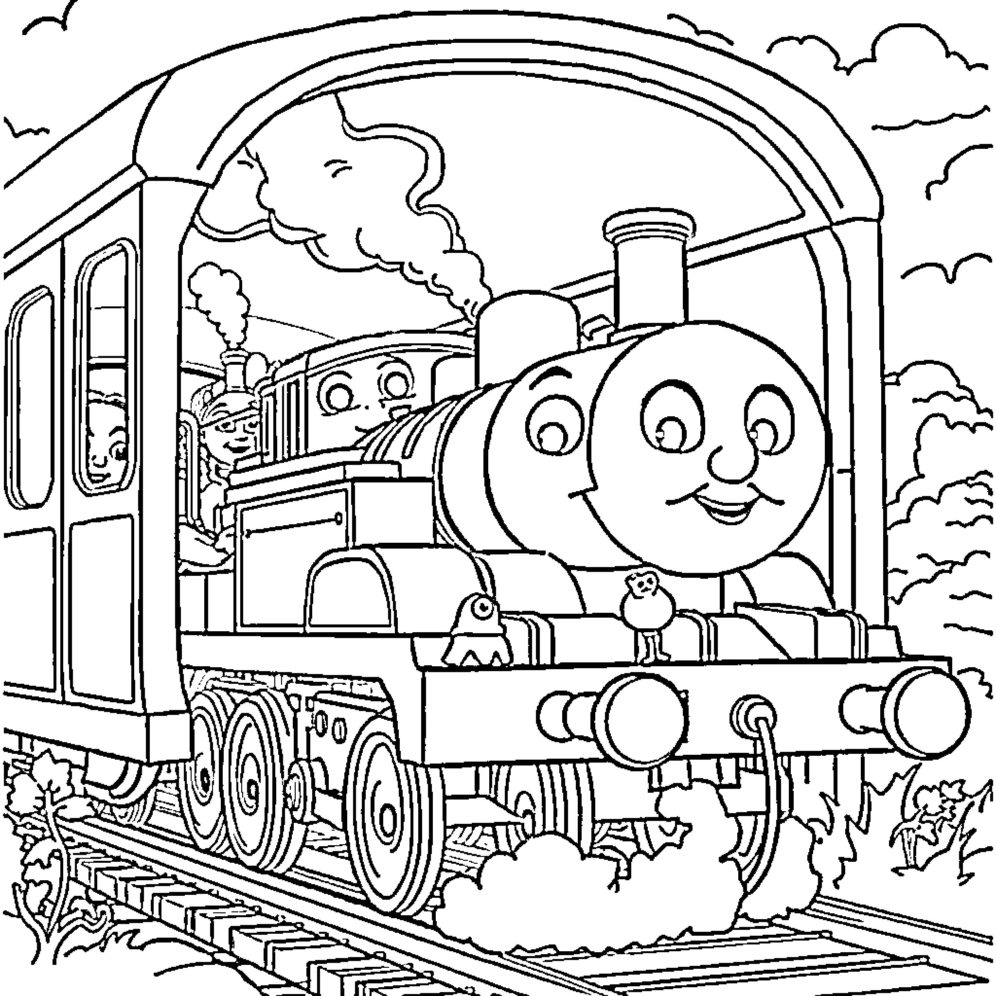 Thomas the happy locomotive in the scenic countryside Coloring Page (free black-and-white line drawing printable PDF for all, from beginners to advanced learners, including children, teens, adults, and seniors)
