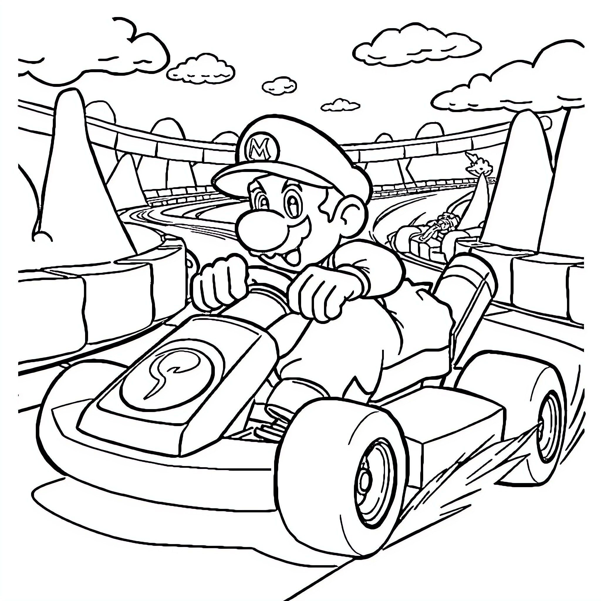 Mario Kart Speeding through Colorful Track Coloring Page (free black-and-white line drawing printable PDF for all, from beginners to advanced learners, including children, teens, adults, and seniors)