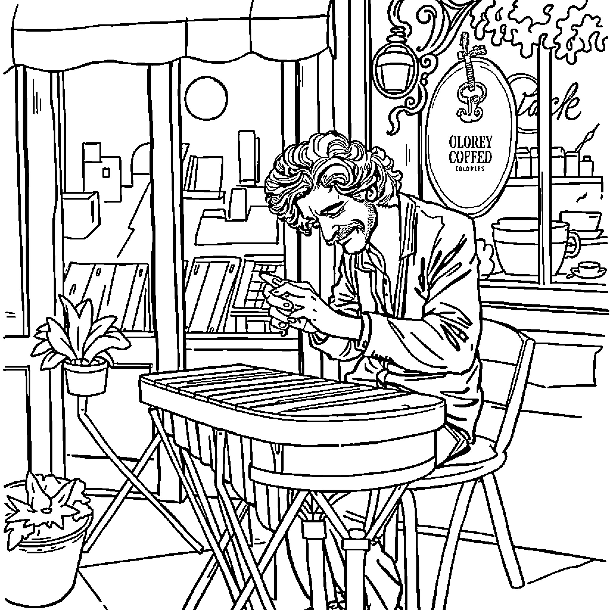 Frank Zappa in a Cozy Cafe Setting Coloring Page (free black-and-white line drawing printable PDF for all, from beginners to advanced learners, including children, teens, adults, and seniors)