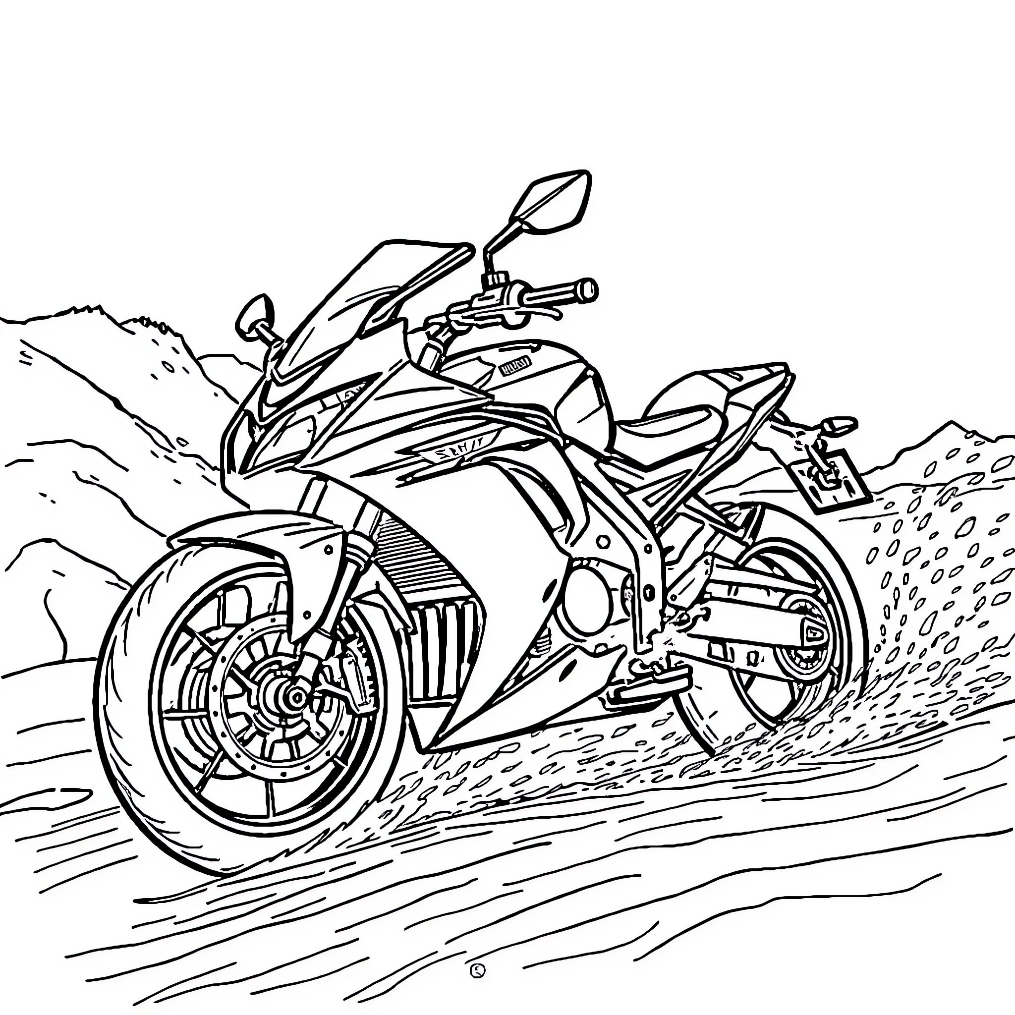 Moto action on the road Coloring Page (free black-and-white line drawing printable PDF for all, from beginners to advanced learners, including children, teens, adults, and seniors)