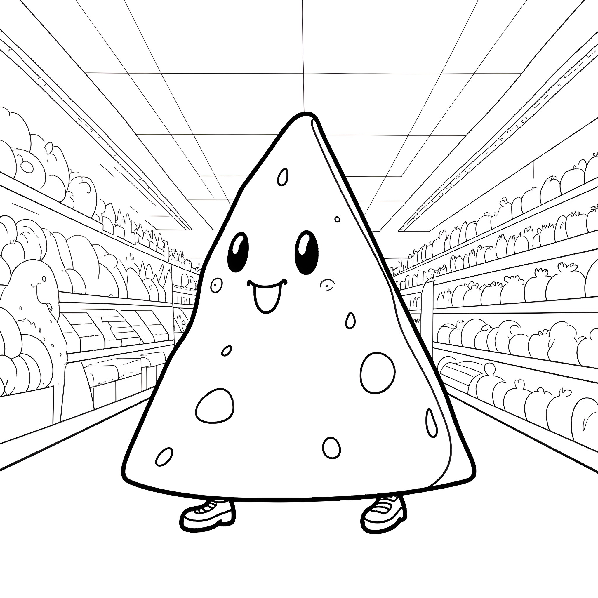 Swiss Cheese character exploring grocery store shelves Coloring Page (free black-and-white line drawing printable PDF for all, from beginners to advanced learners, including children, teens, adults, and seniors)