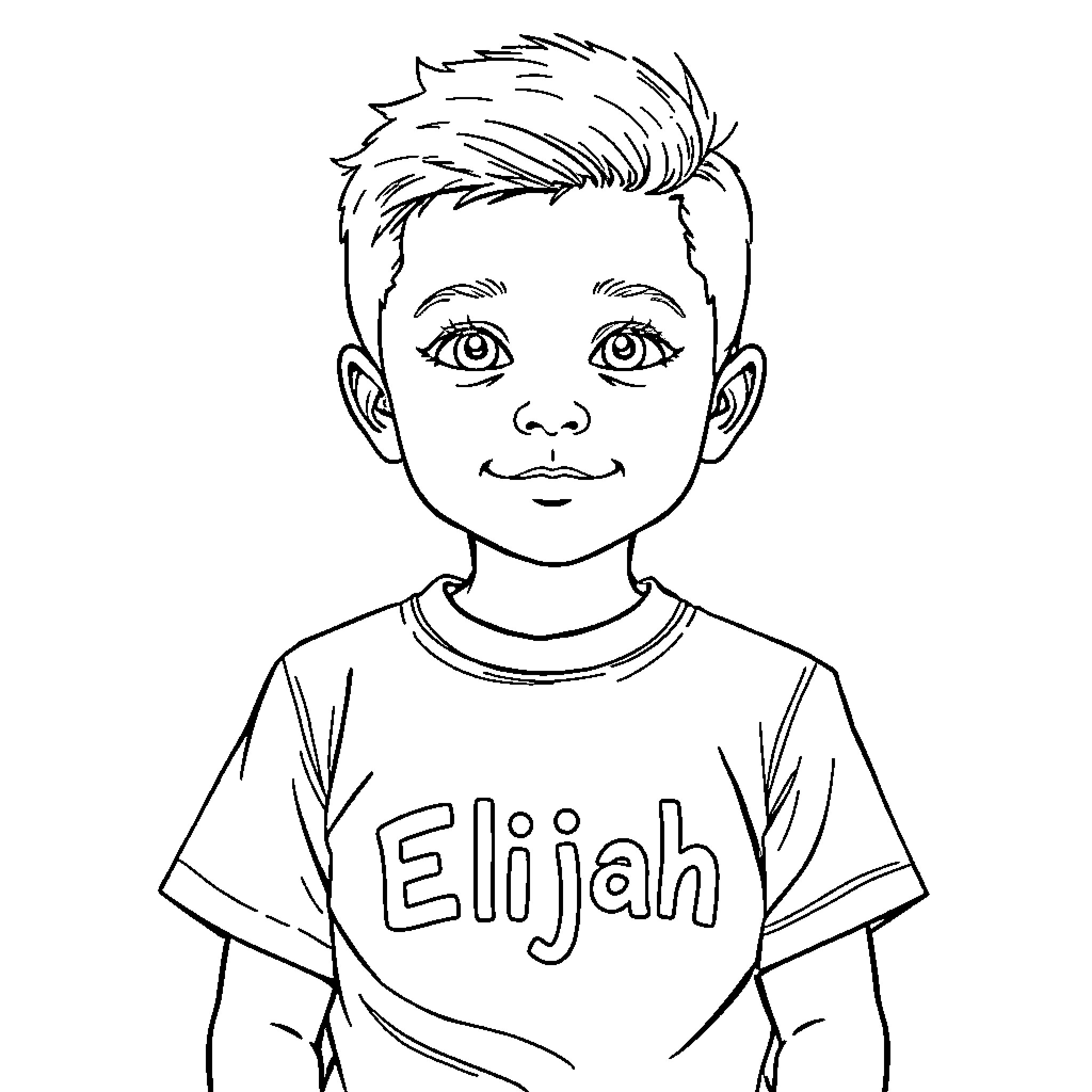 Boy with a Smiling Expression and Shirt with Name Coloring Page (free black-and-white line drawing printable PDF for all, from beginners to advanced learners, including children, teens, adults, and seniors)