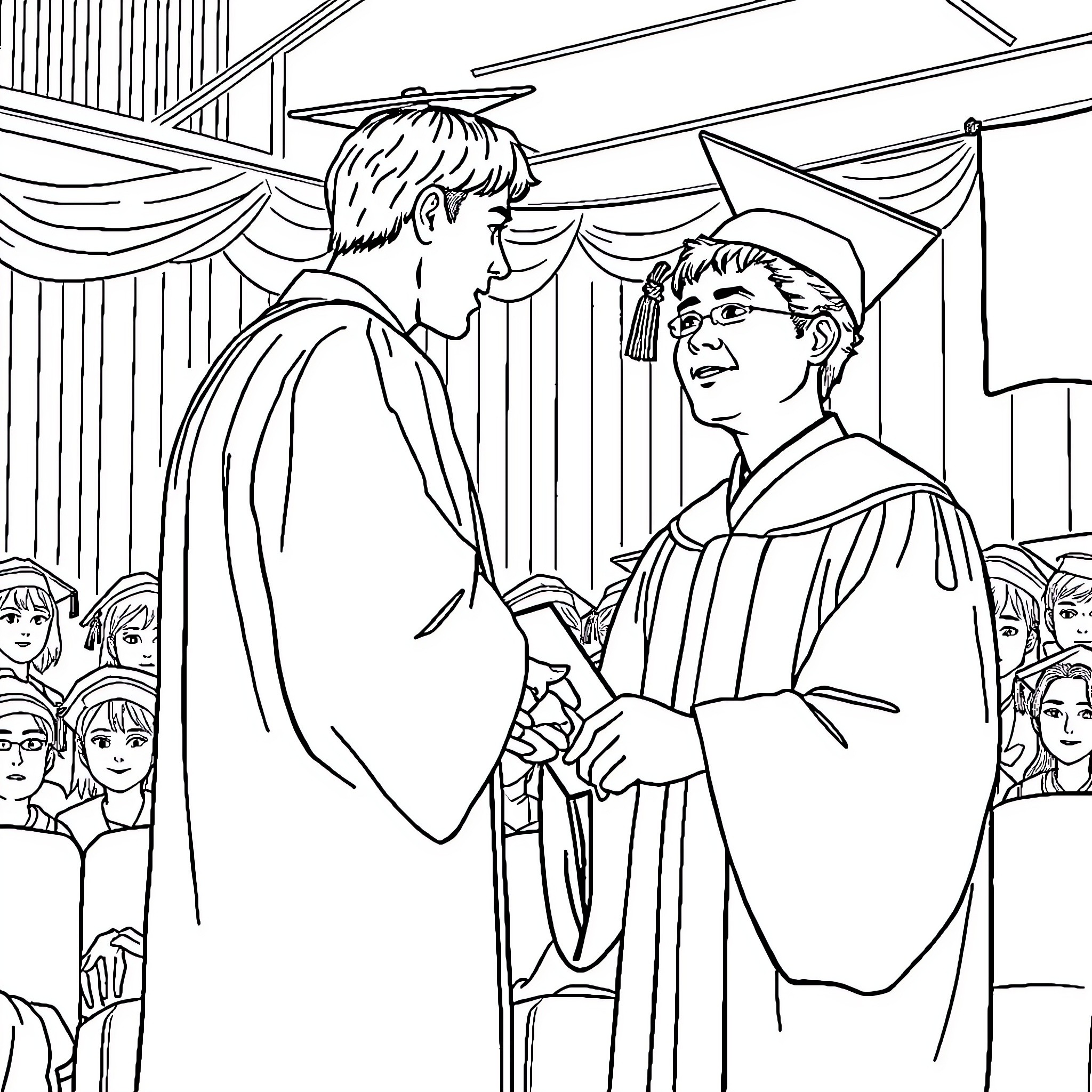 Doctorat Ceremony of Two Individuals in Academic Regalia Coloring Page (free black-and-white line drawing printable PDF for all, from beginners to advanced learners, including children, teens, adults, and seniors)