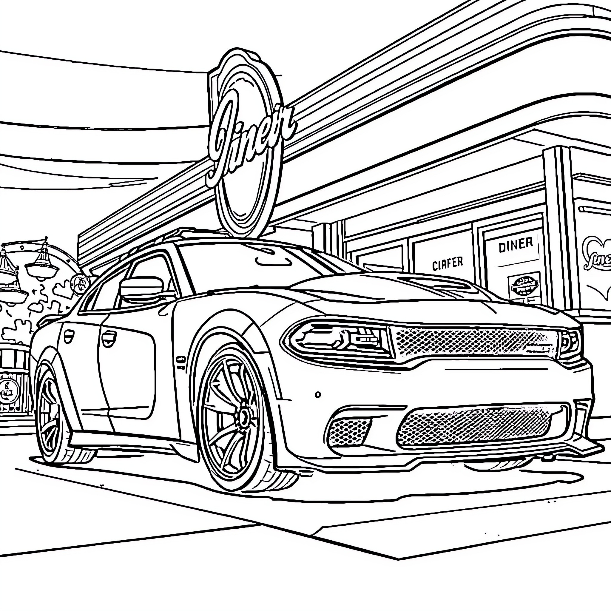 Dodge Charger in a retro diner scene Coloring Page (free black-and-white line drawing printable PDF for all, from beginners to advanced learners, including children, teens, adults, and seniors)