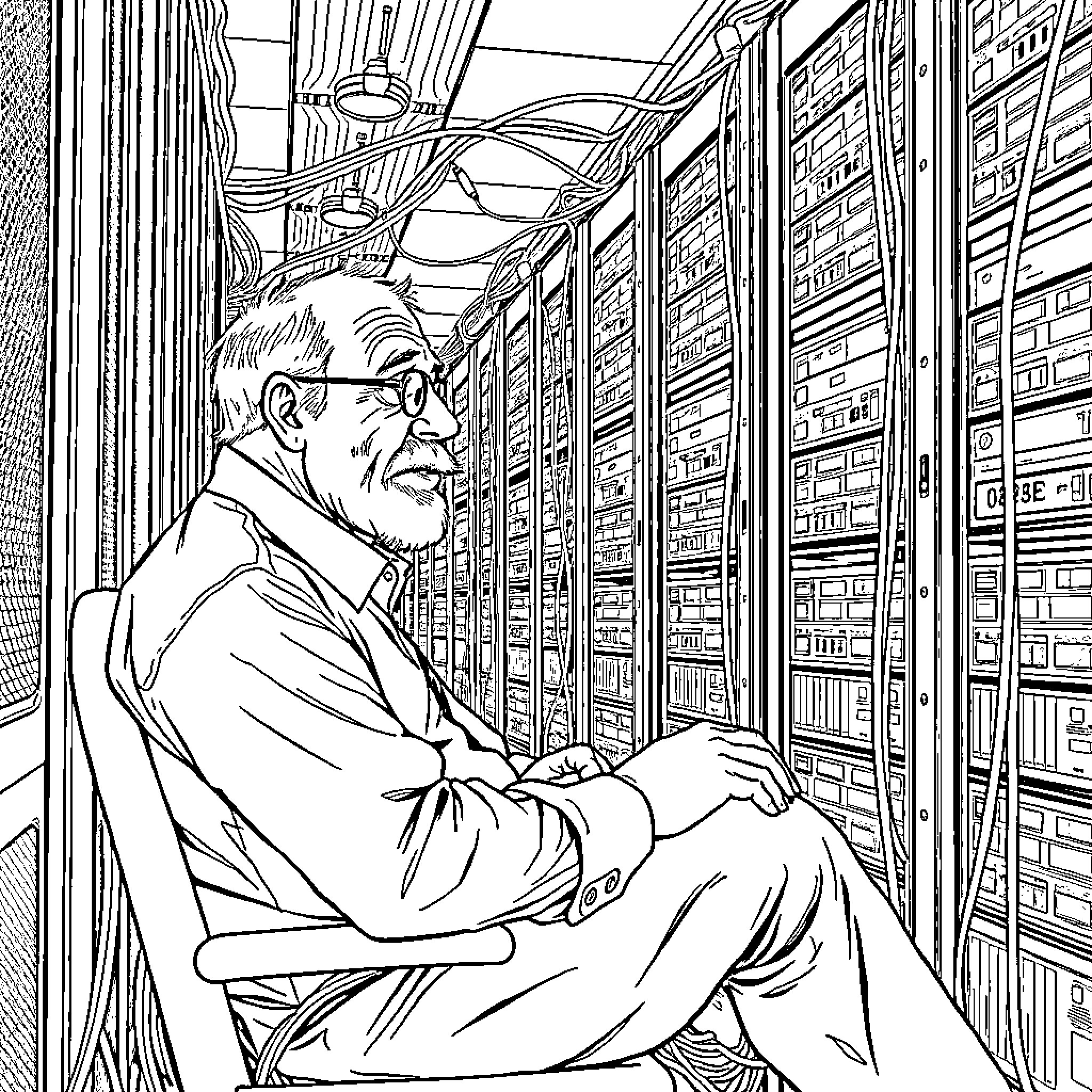 Old Man Reading Books in a Library Coloring Page (free black-and-white line drawing printable PDF for all, from beginners to advanced learners, including children, teens, adults, and seniors)