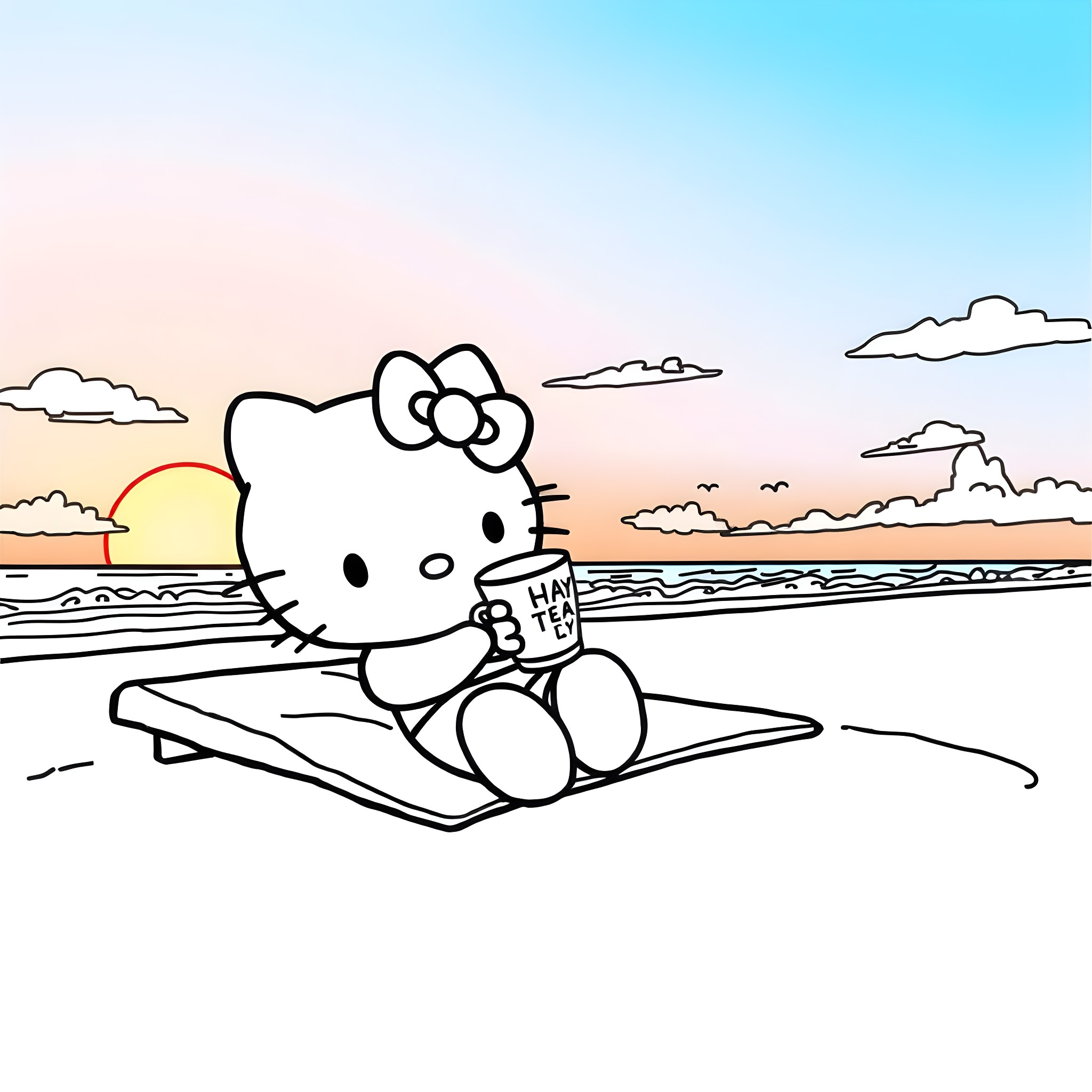 Hello Kitty relaxing on the beach Coloring Page (free black-and-white line drawing printable PDF for all, from beginners to advanced learners, including children, teens, adults, and seniors)
