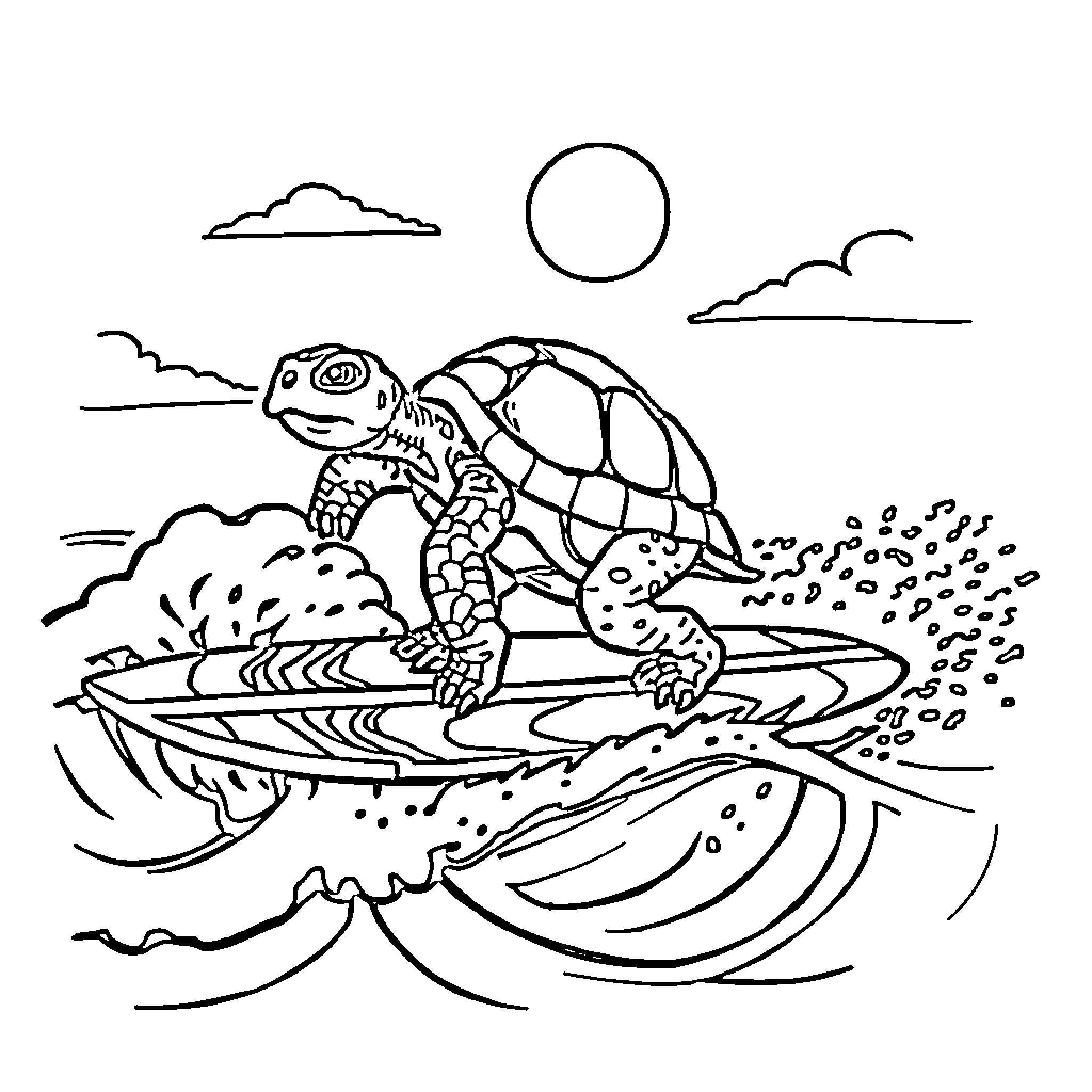 Tortoise surfing on a wave Coloring Page (free black-and-white line drawing printable PDF for all, from beginners to advanced learners, including children, teens, adults, and seniors)