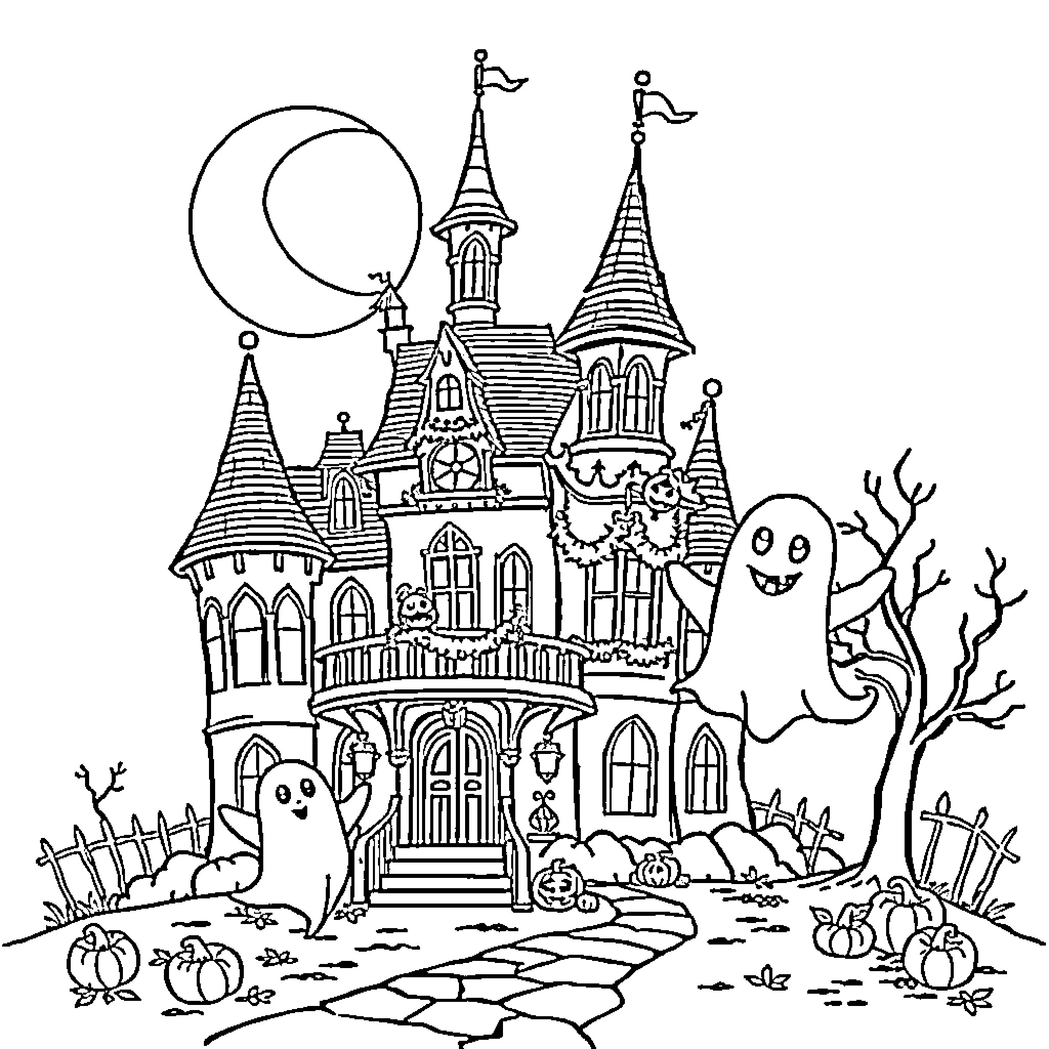 Château of Spooky Delights Coloring Page (free black-and-white line drawing printable PDF for all, from beginners to advanced learners, including children, teens, adults, and seniors)