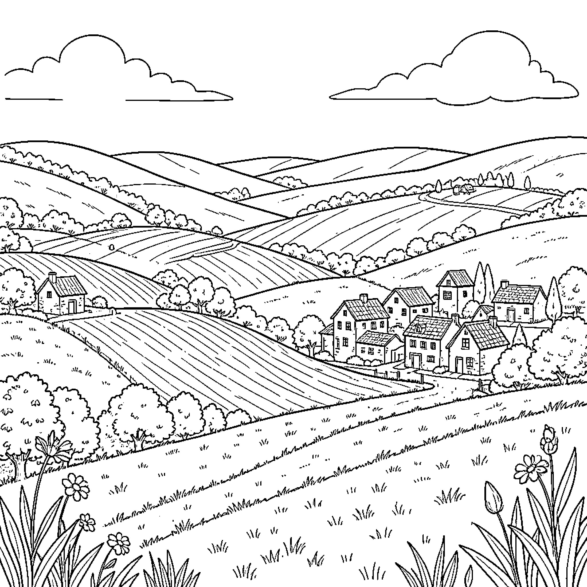 Country Dance of hills and rolling landscapes Coloring Page (free black-and-white line drawing printable PDF for all, from beginners to advanced learners, including children, teens, adults, and seniors)