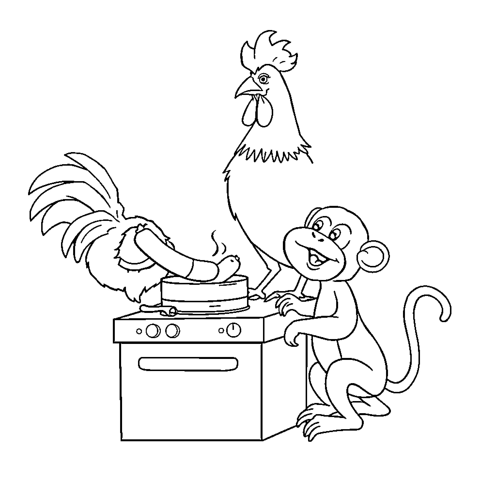 Chicken and monkey cooking in the kitchen Coloring Page (free black-and-white line drawing printable PDF for all, from beginners to advanced learners, including children, teens, adults, and seniors)