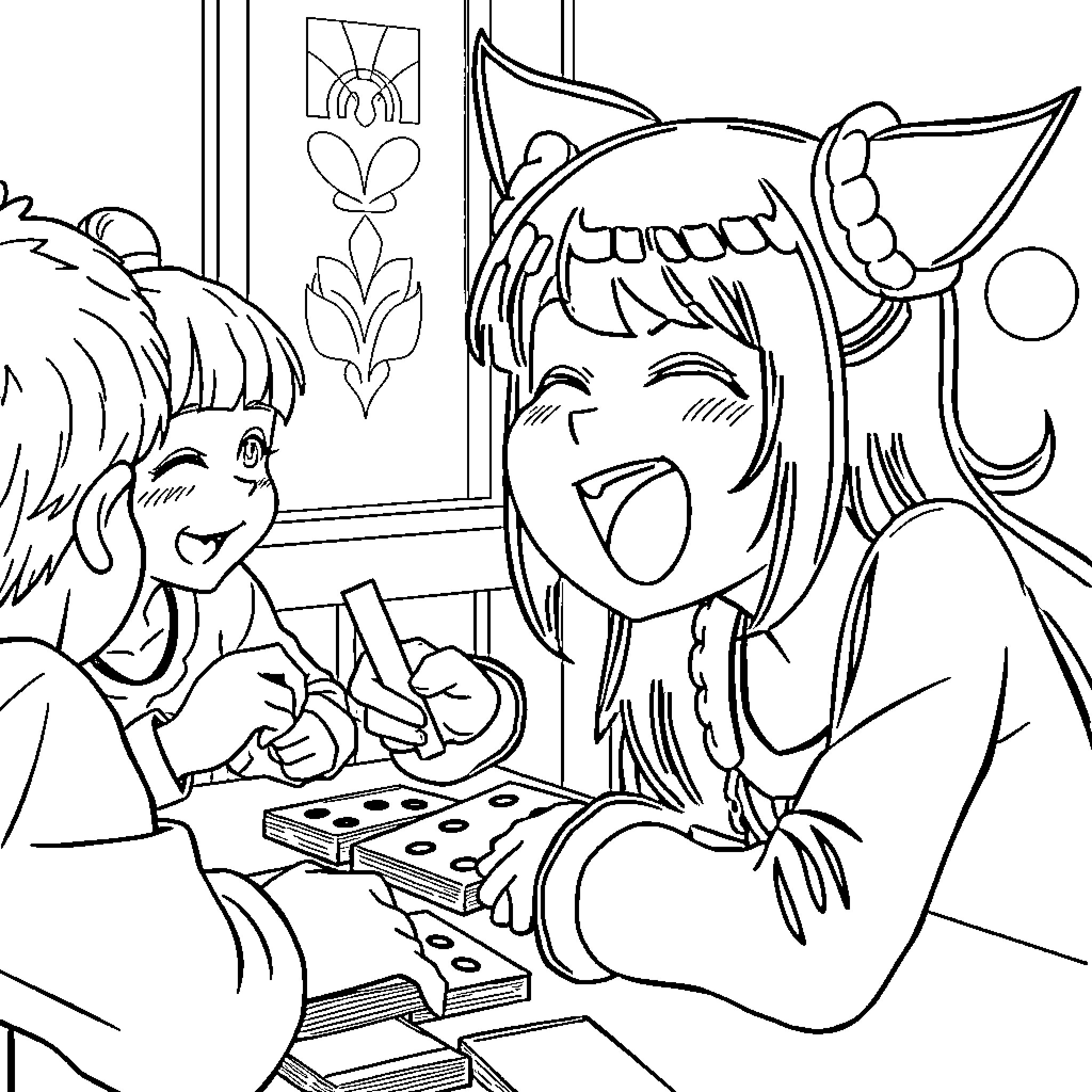 Kuromi enjoying a lively game with a friend Coloring Page (free black-and-white line drawing printable PDF for all, from beginners to advanced learners, including children, teens, adults, and seniors)
