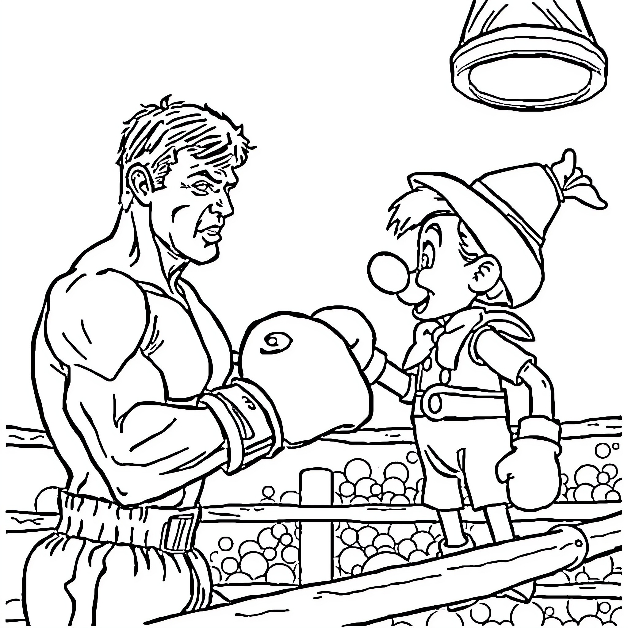 Rocky's Boxing Match with Pinnochio Coloring Page (free black-and-white line drawing printable PDF for all, from beginners to advanced learners, including children, teens, adults, and seniors)